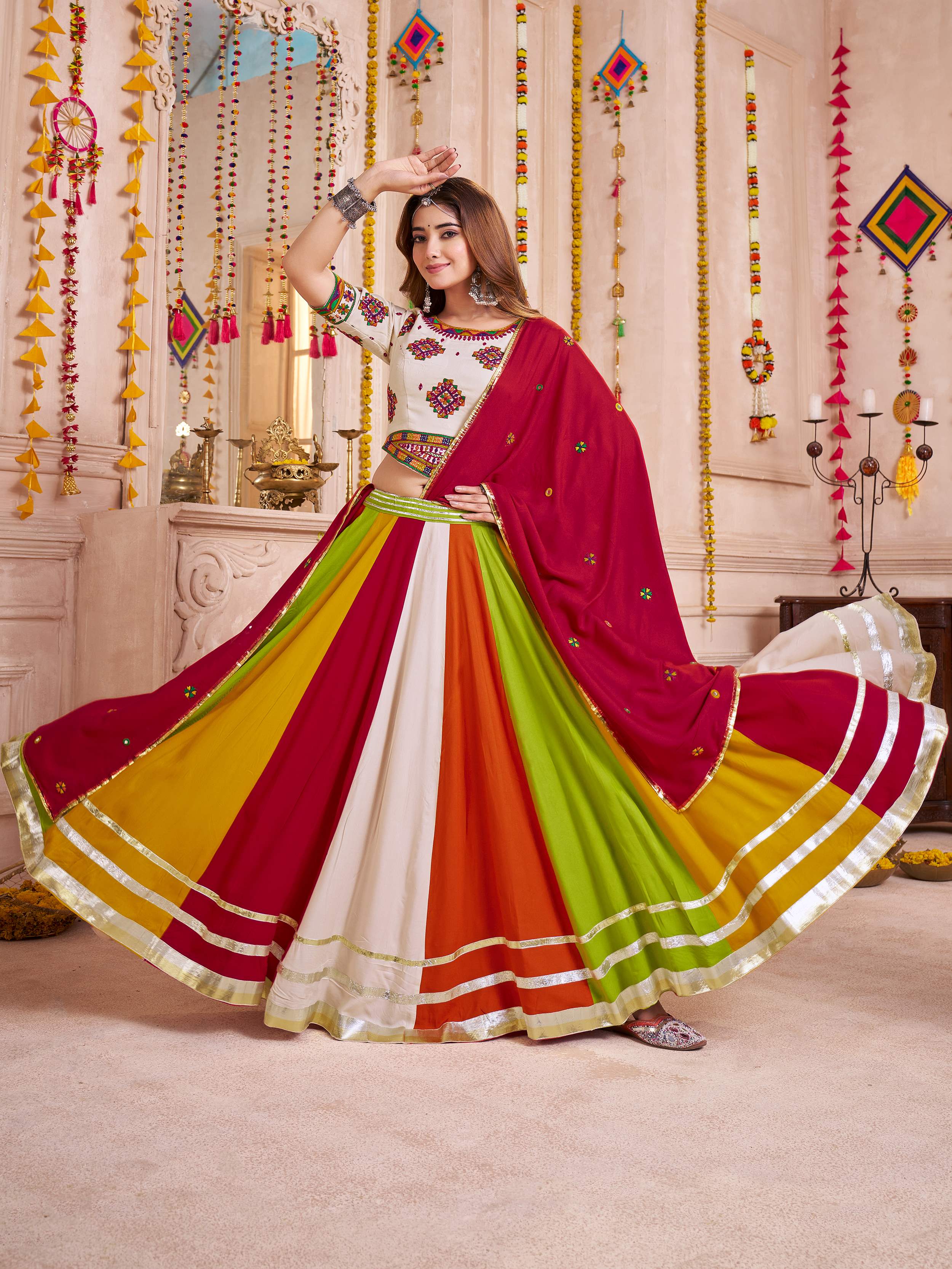 Multicolor Cotton Thread Embroidered Lehenga Choli with Dupatta