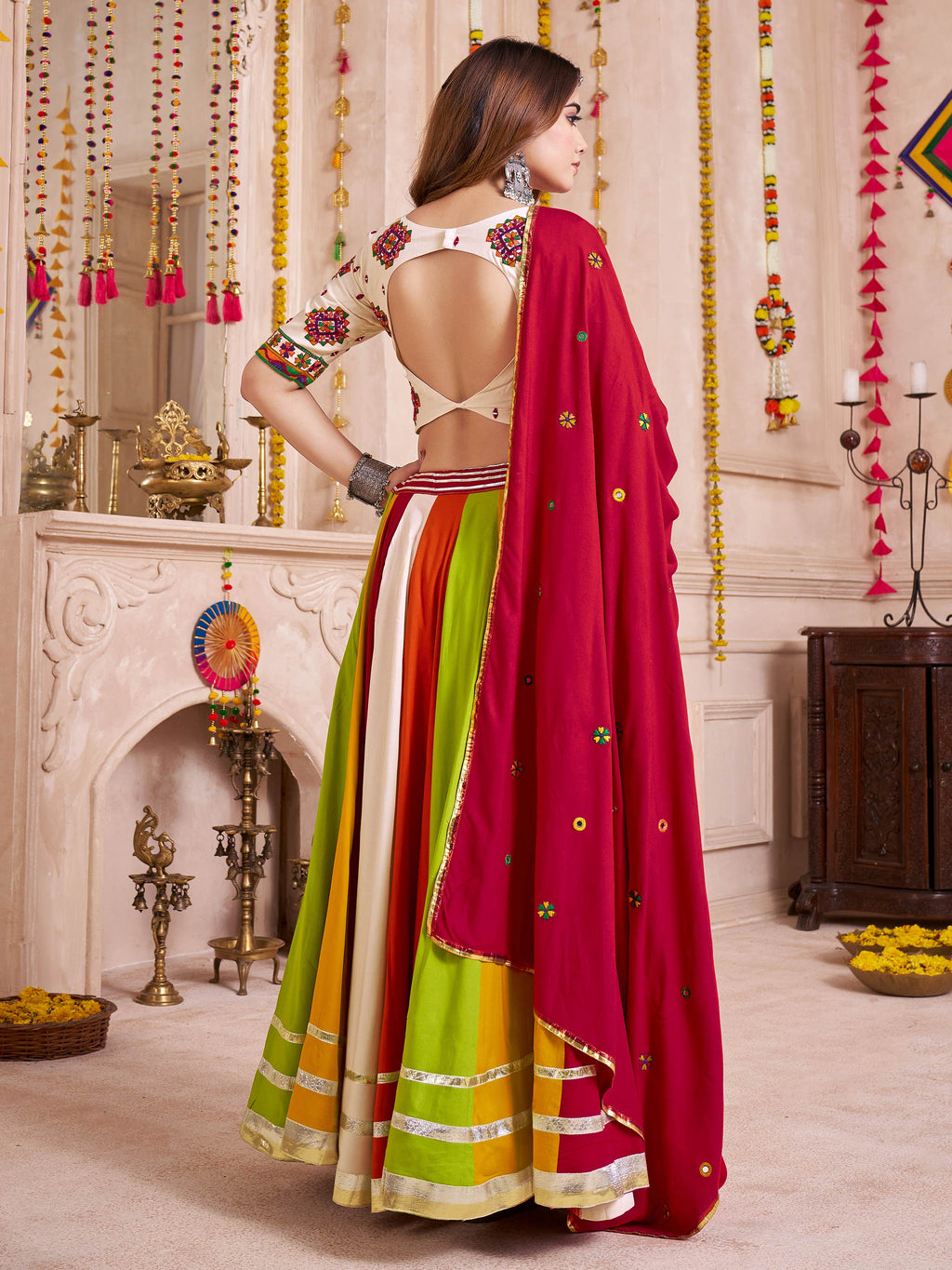 Multicolor Cotton Thread Embroidered Lehenga Choli with Dupatta