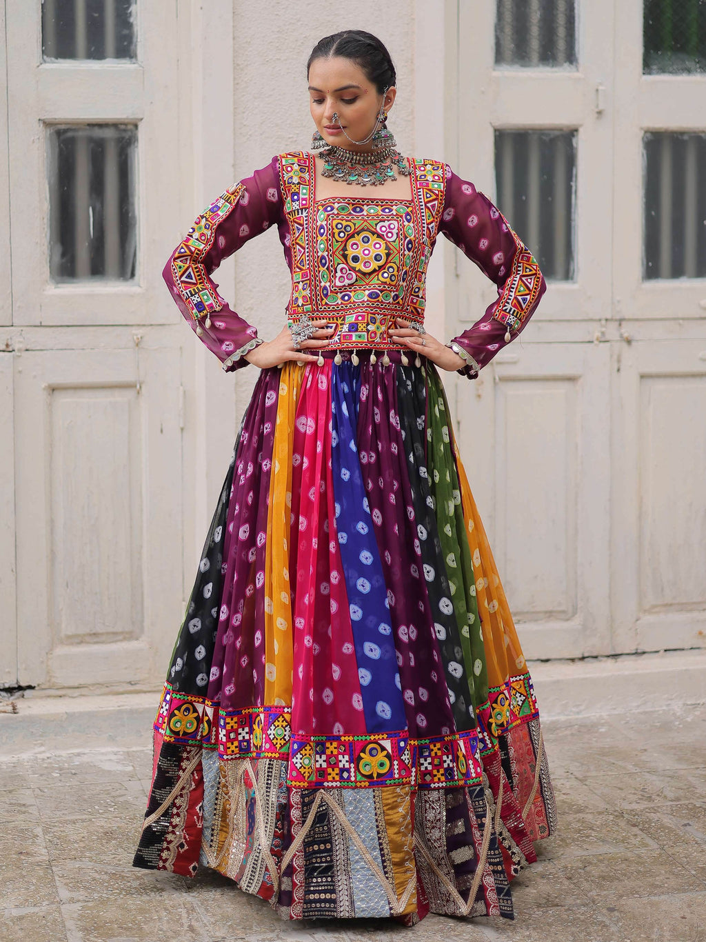 Multicolor georgette Bandhani print and Gamthi embellished work lehenga choli