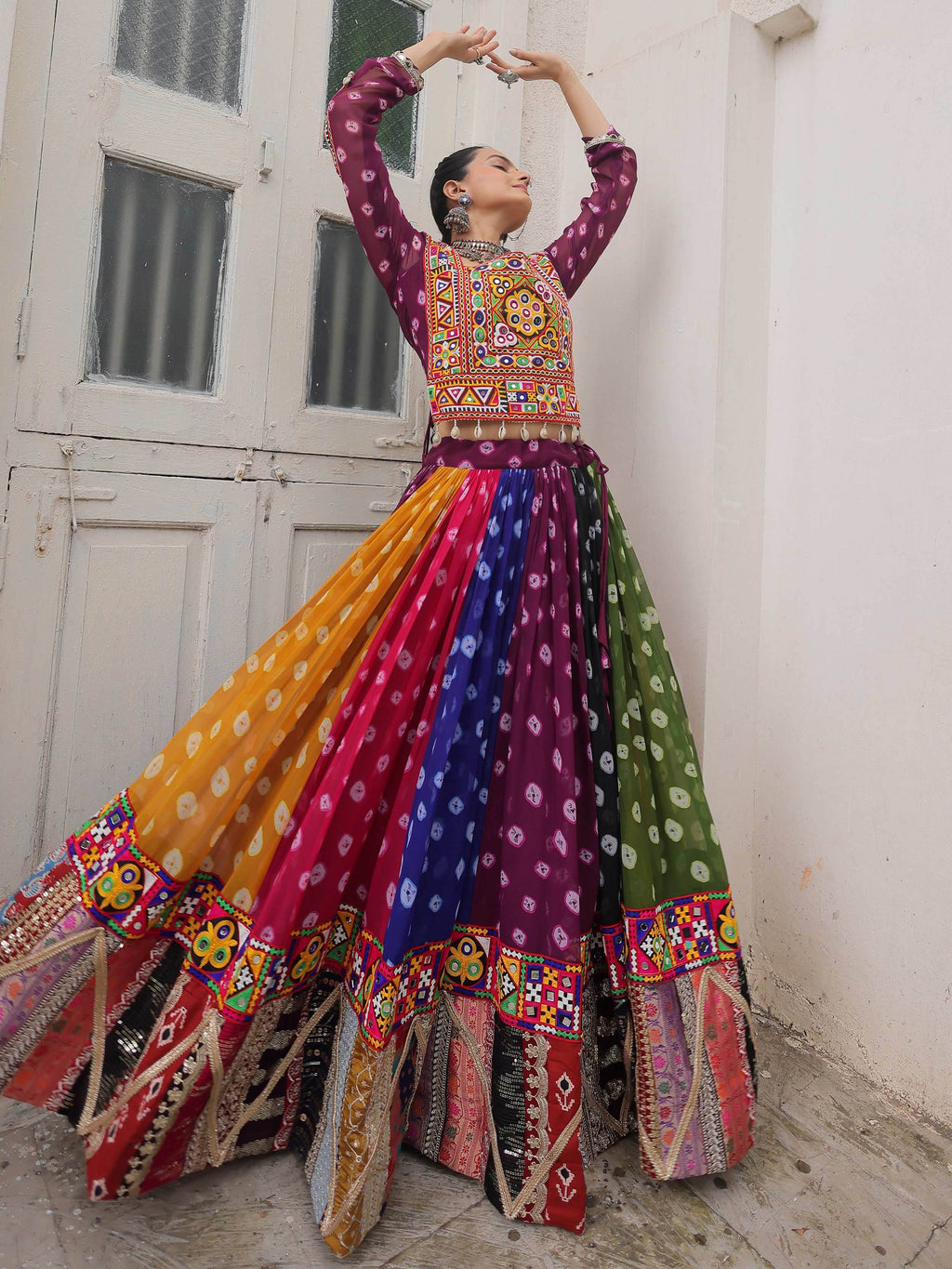Multicolor georgette Bandhani print and Gamthi embellished work lehenga choli