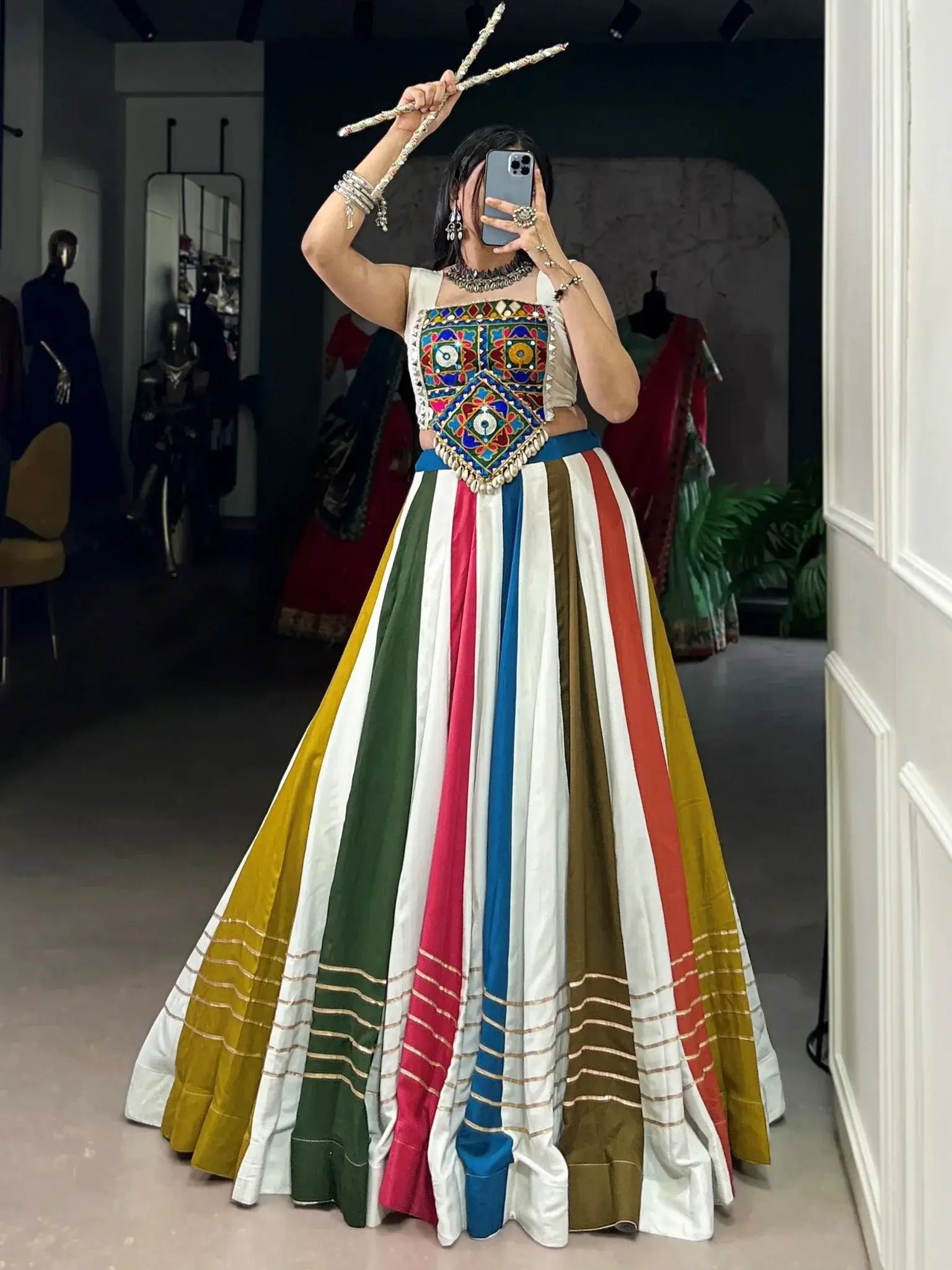 Multicolor Pure Rayon Gota Patti Lace and Mirror Gamthi Work Lehenga Choli