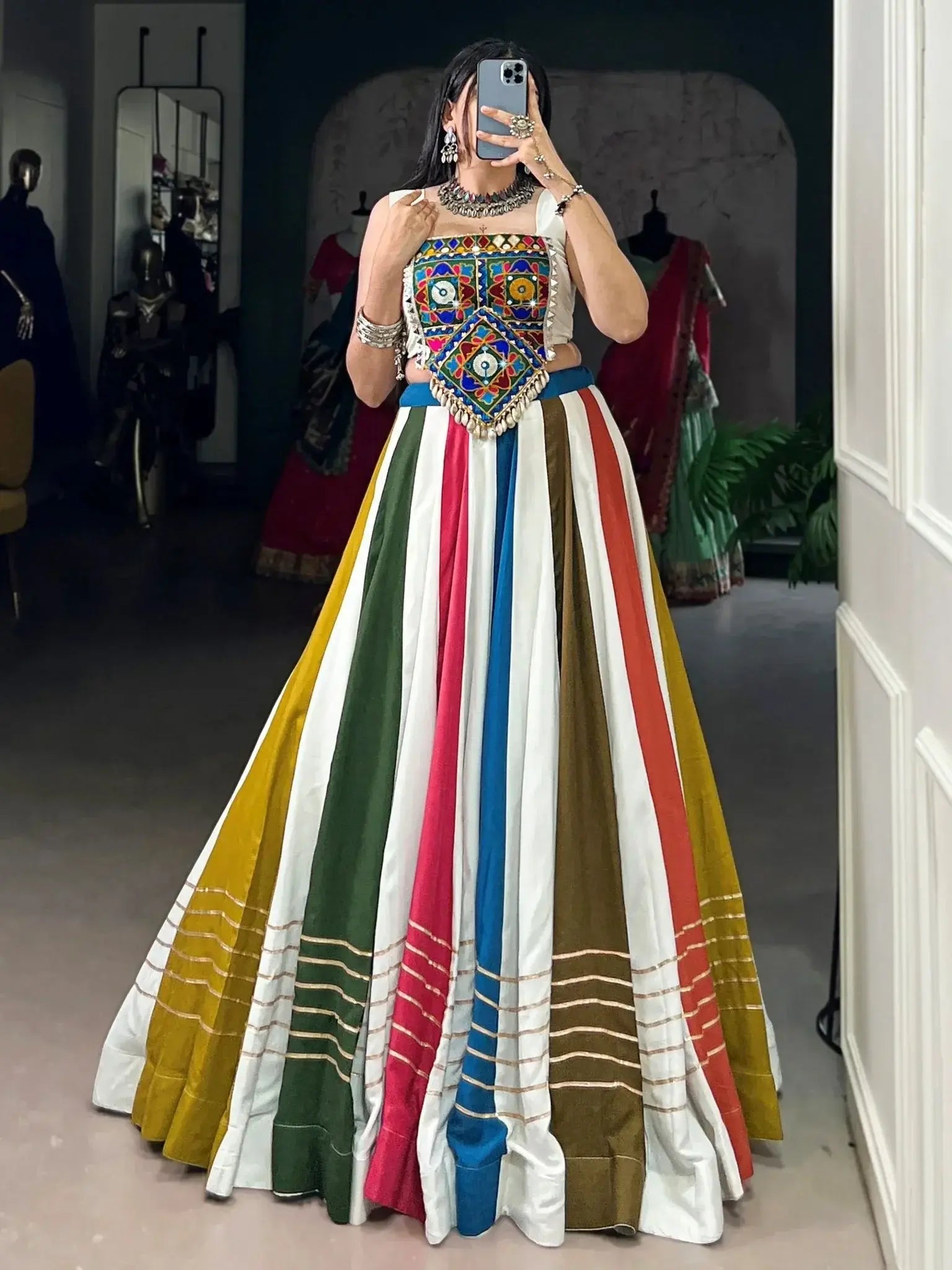 Multicolor Pure Rayon Gota Patti Lace and Mirror Gamthi Work Lehenga Choli