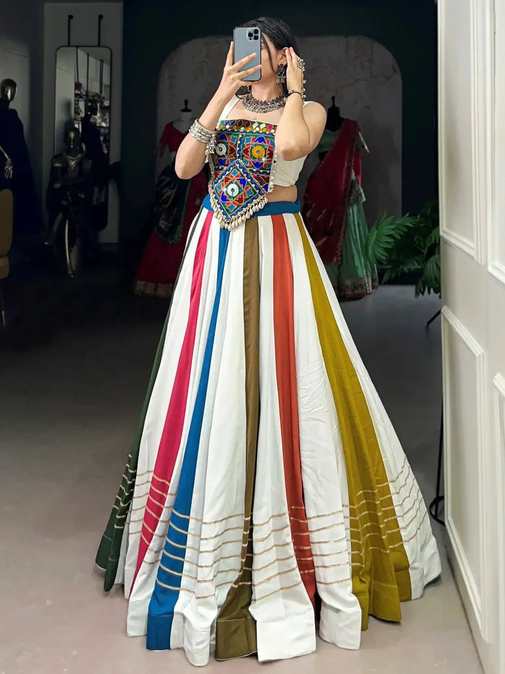 Multicolor pure rayon Gota Patti lace and mirror Gamthi work lehenga choli