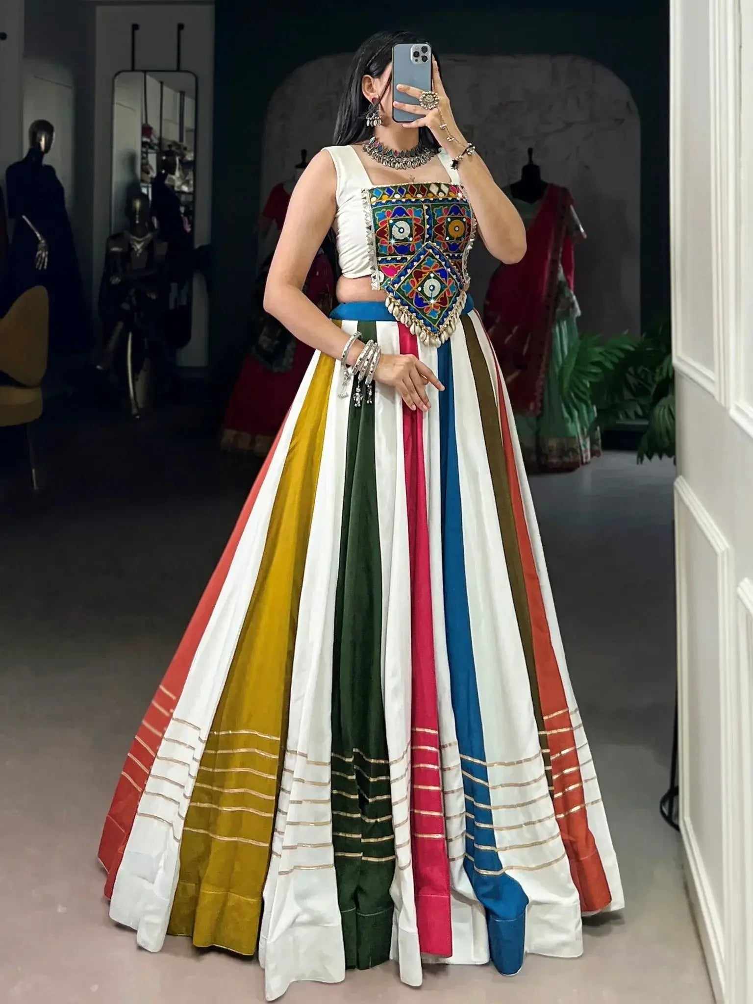 Multicolor Pure Rayon Gota Patti Lace and Mirror Gamthi Work Lehenga Choli