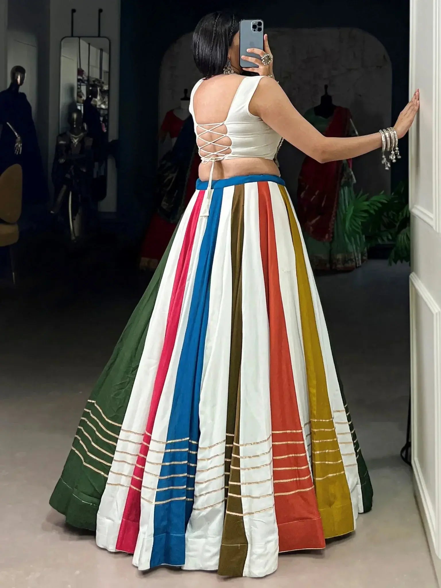 Multicolor pure rayon Gota Patti lace and mirror Gamthi work lehenga choli