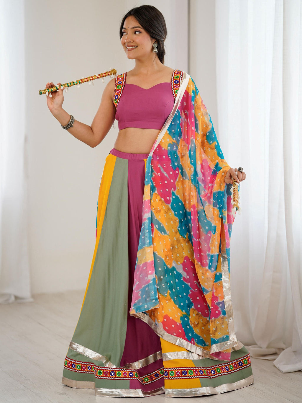 Multicolor rayon Gamthi thread mirror work Navratri lehenga choli with dupatta