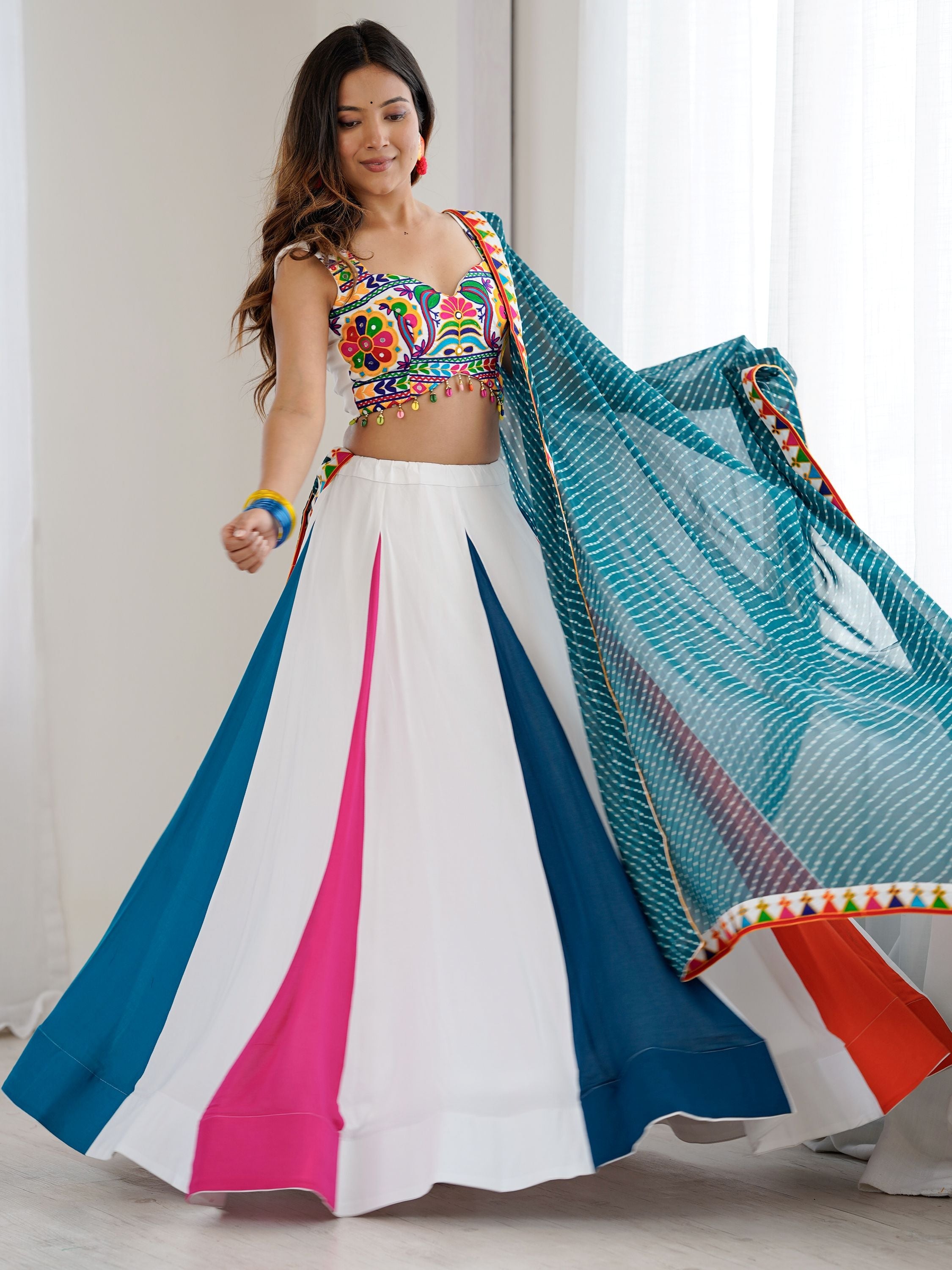 Multicolor Rayon Plain Flair Gamthi Mirror Work Lehenga Choli