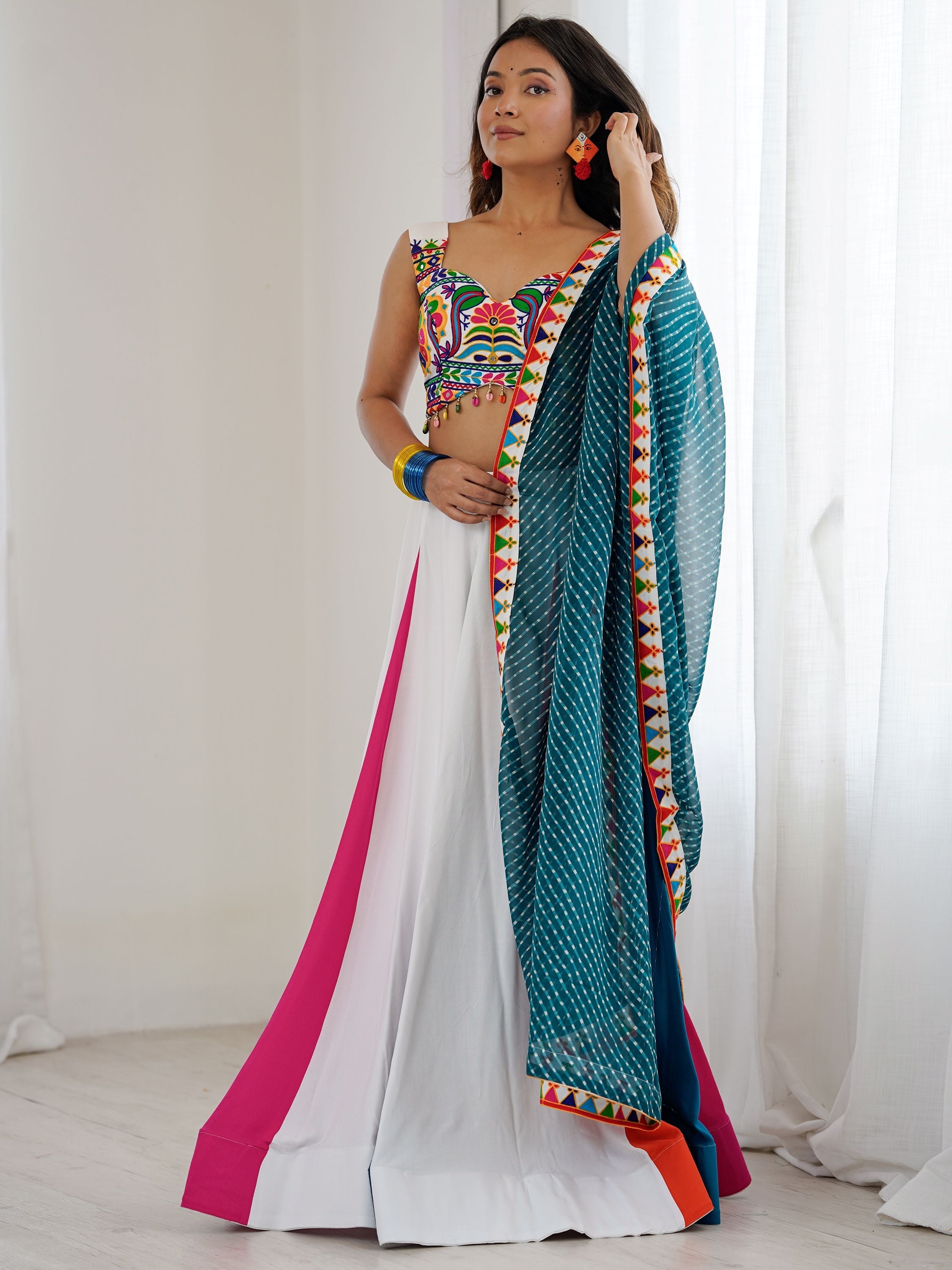 Multicolor Rayon Plain Flair Gamthi Mirror Work Lehenga Choli