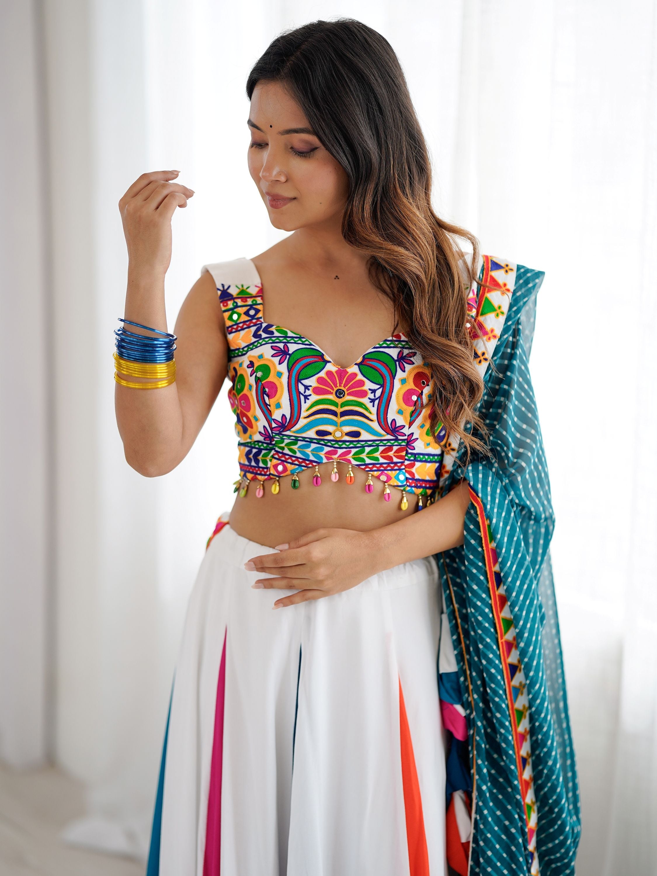 Multicolor Rayon Plain Flair Gamthi Mirror Work Lehenga Choli