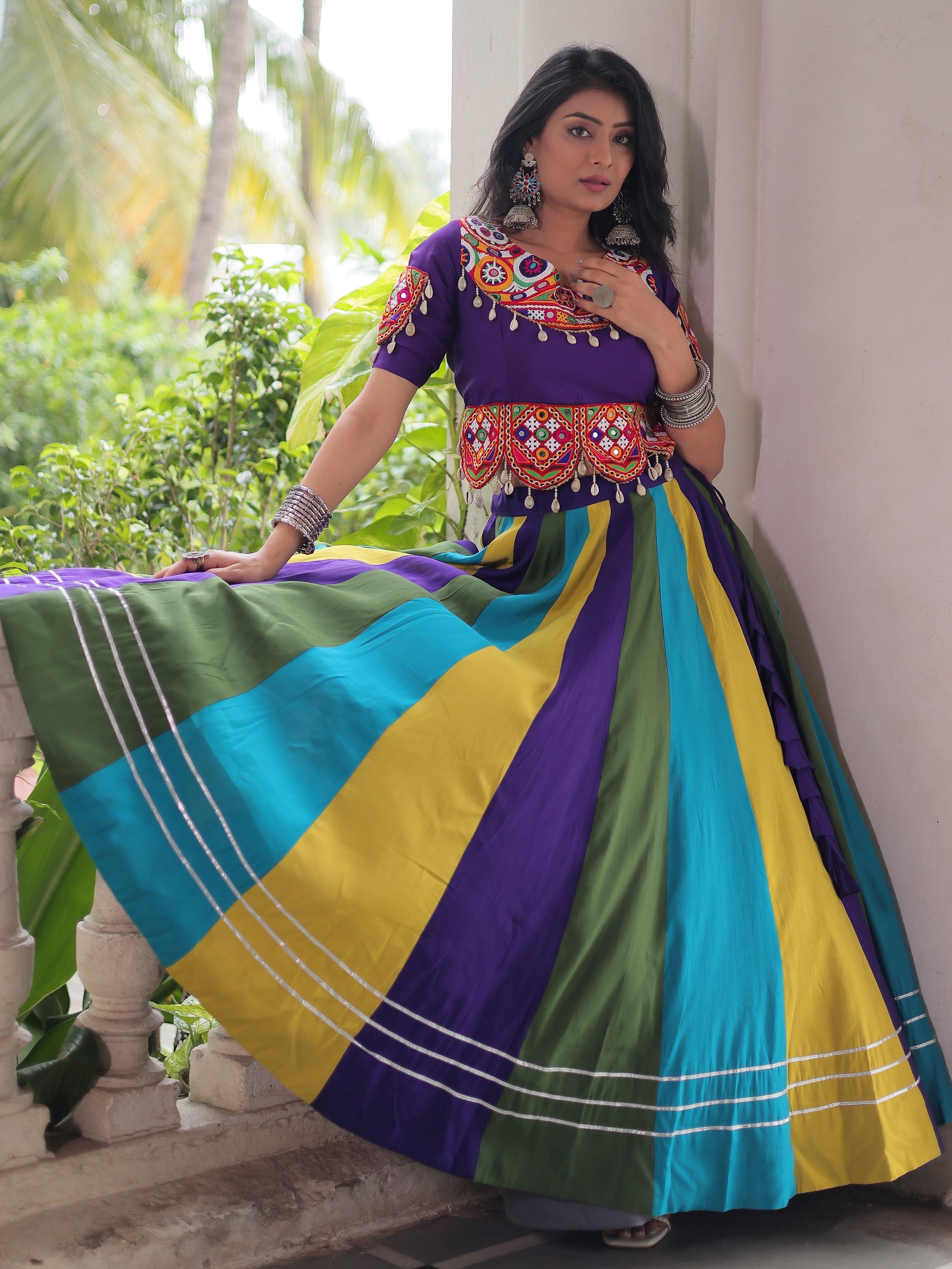 Multicolor Roman Silk Gamthi Mirror Work Lehenga with Blouse