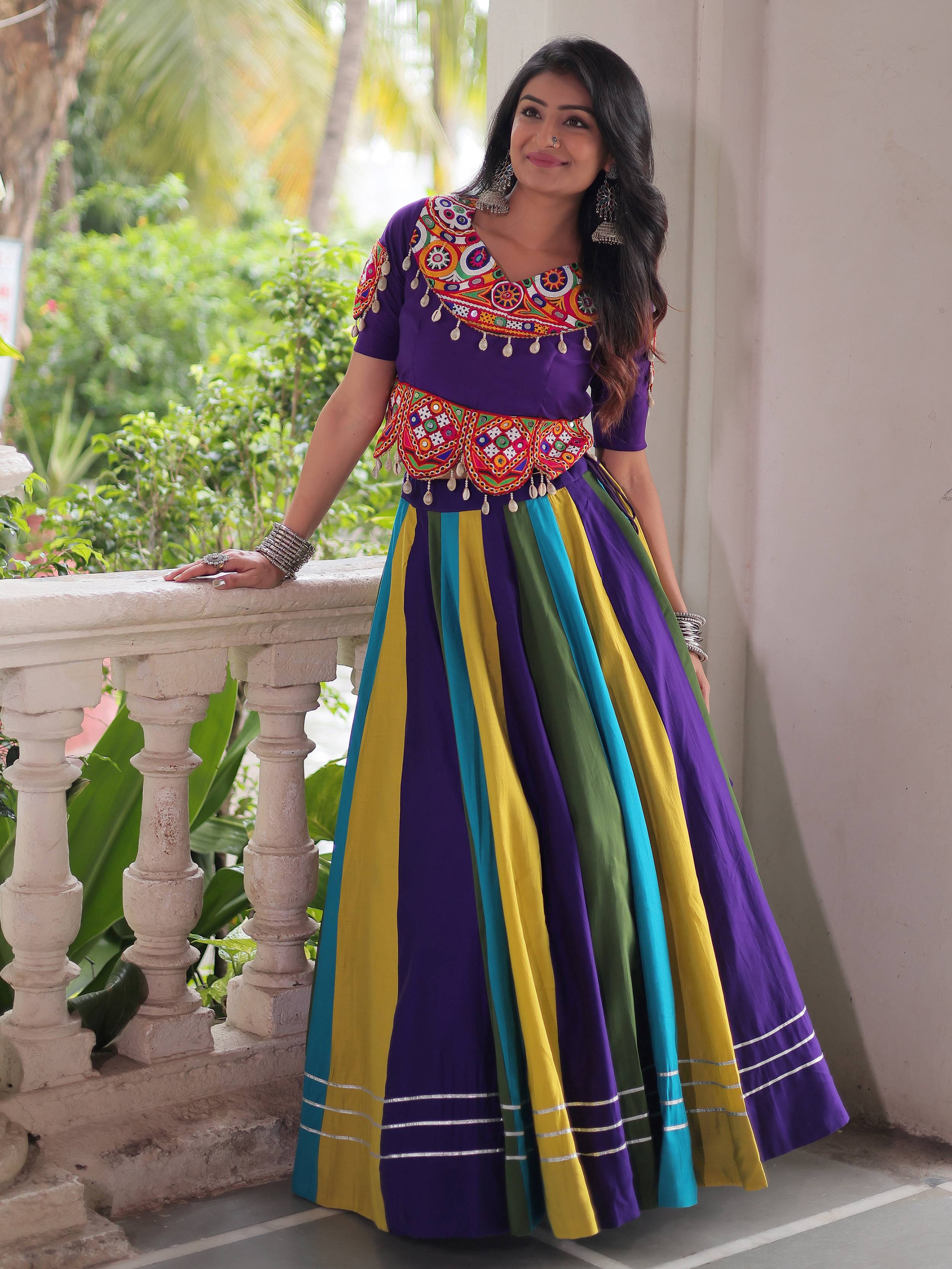 Multicolor Roman Silk Gamthi Mirror Work Lehenga with Blouse