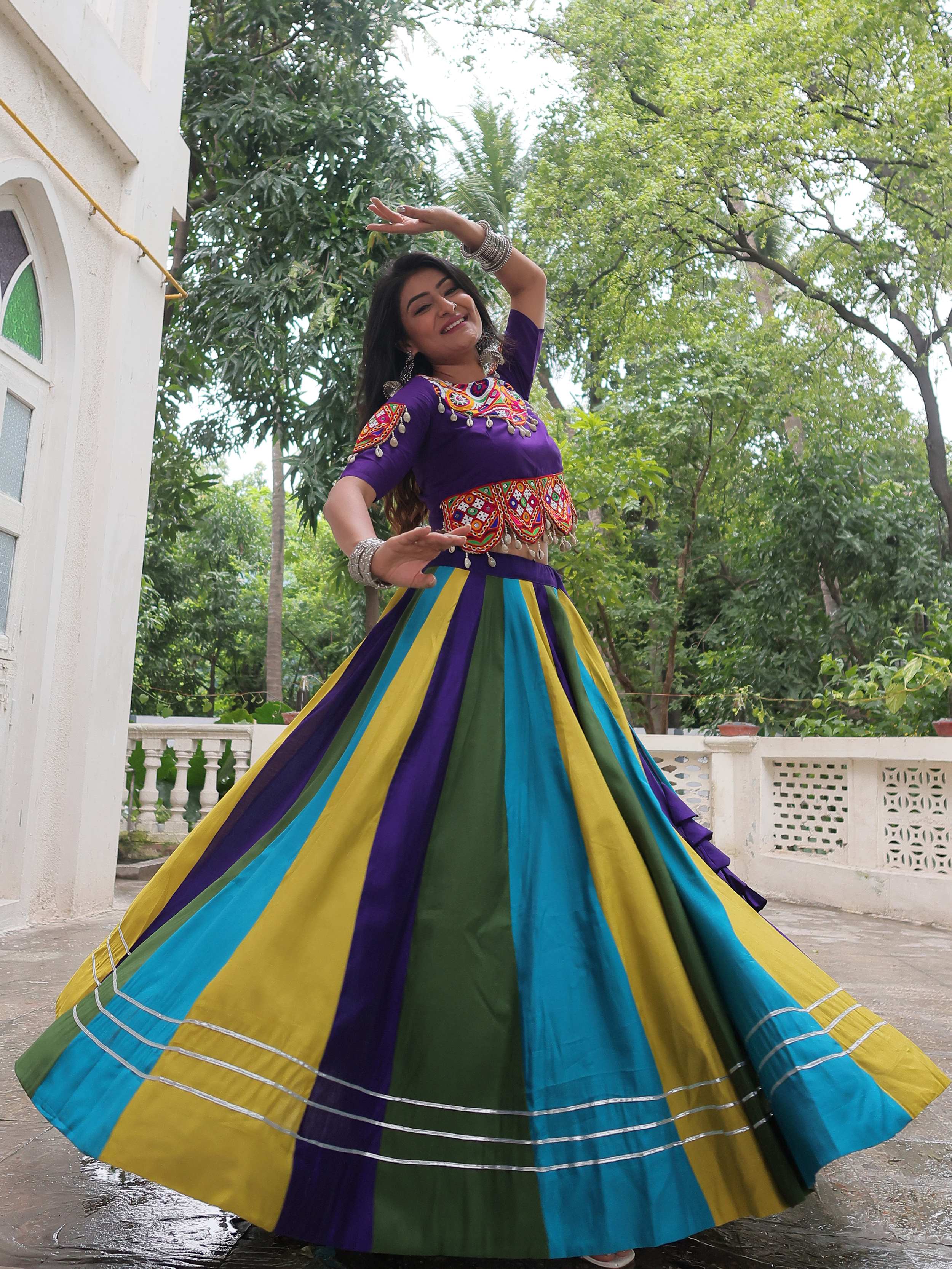 Multicolor Roman Silk Gamthi Mirror Work Lehenga with Blouse