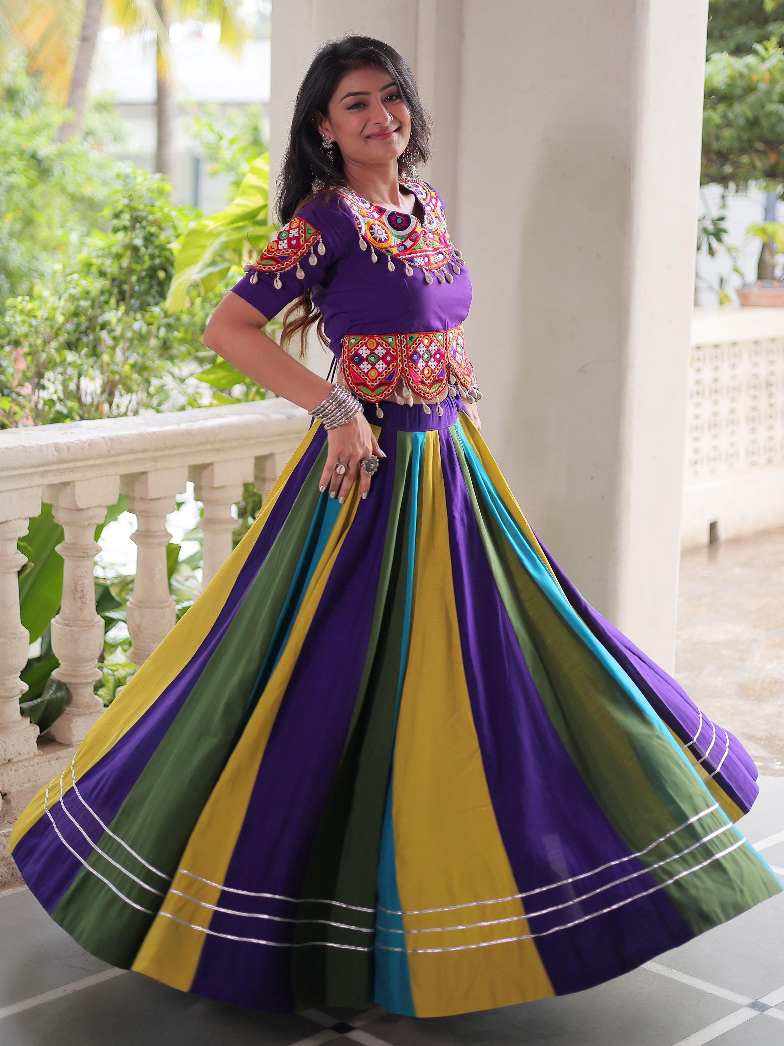 Multicolor Roman Silk Gamthi Mirror Work Lehenga with Blouse