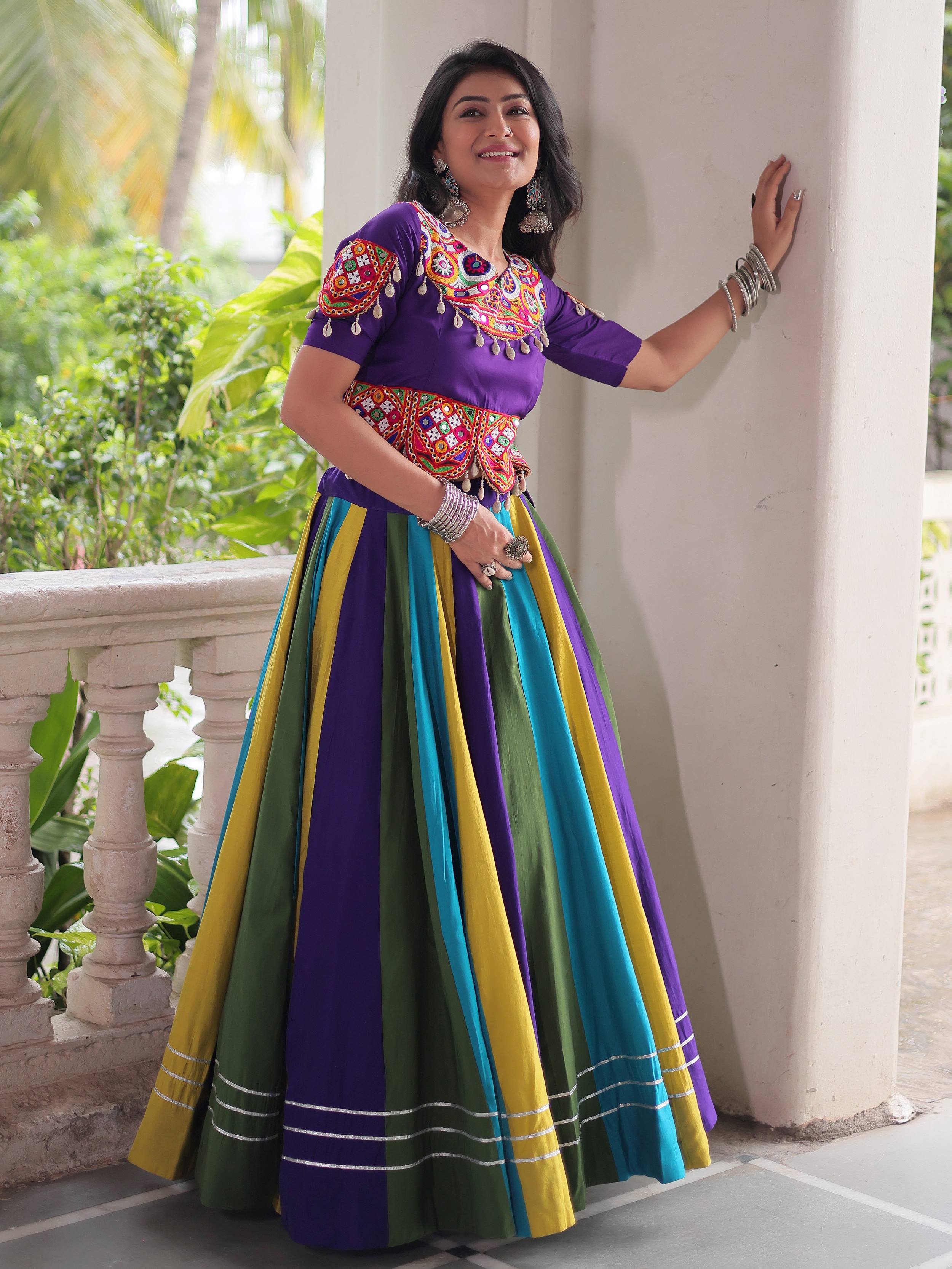 Multicolor Roman silk Gamthi mirror work lehenga with blouse