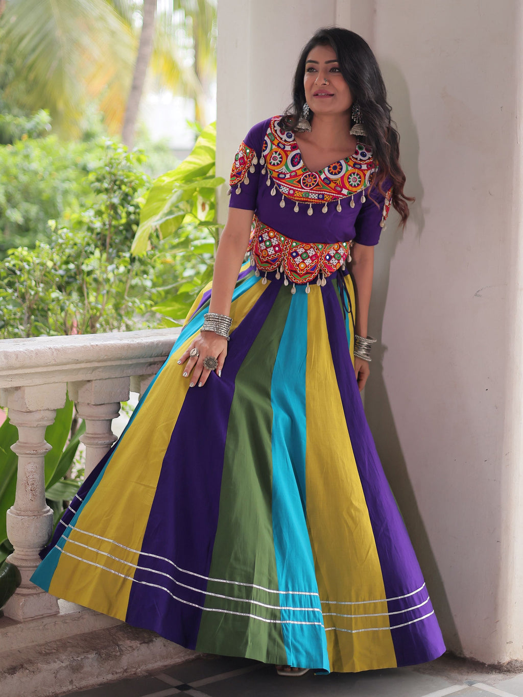 Multicolor Roman silk Gamthi mirror work lehenga with blouse