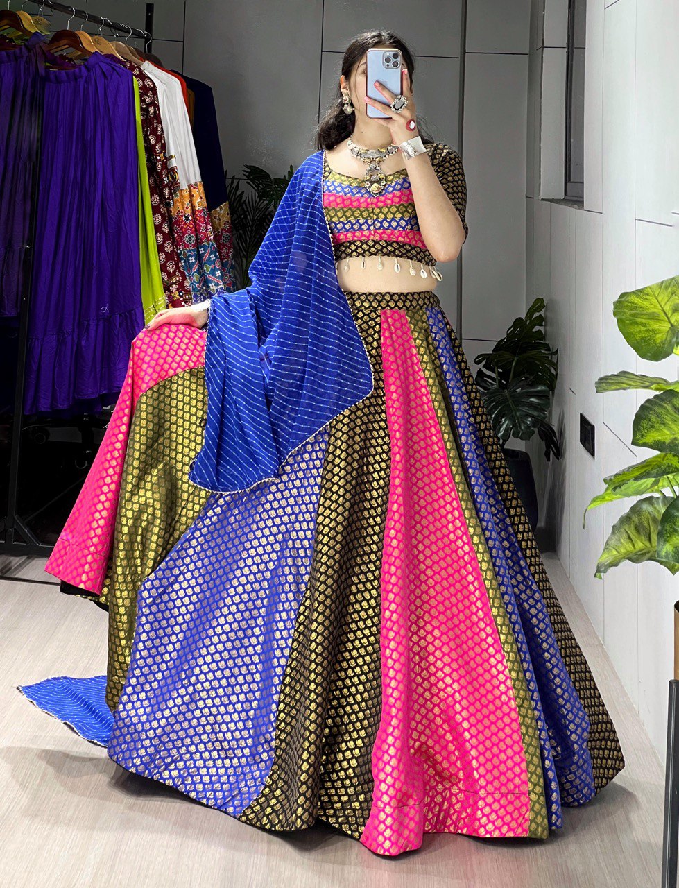 Multicolor soft silk weaving kaudi work lehenga choli with dupatta