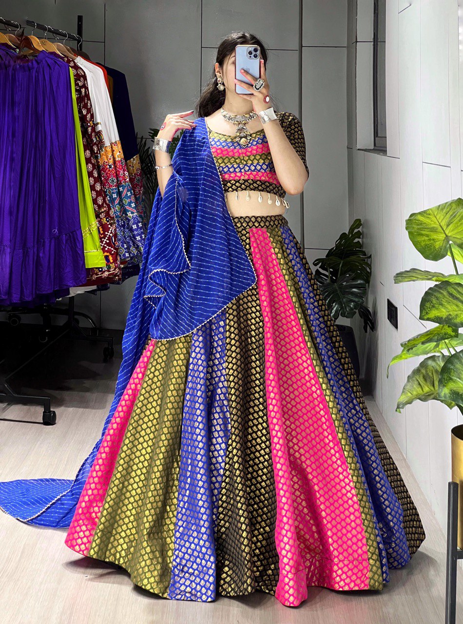 Multicolor soft silk weaving kaudi work lehenga choli with dupatta