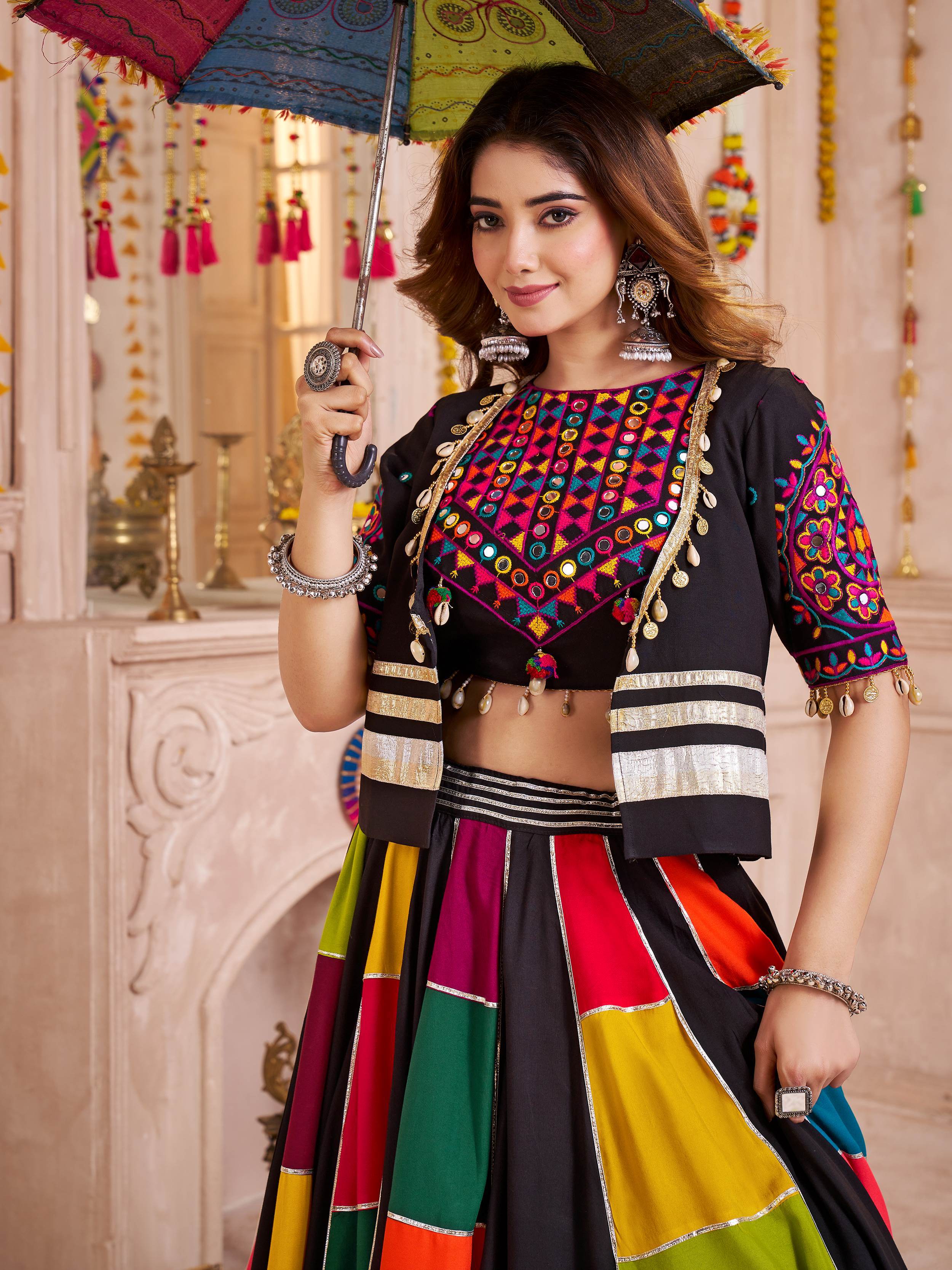 Black Multicolor Viscose Cotton Mirror Embroidered Lehenga Choli with Jacket