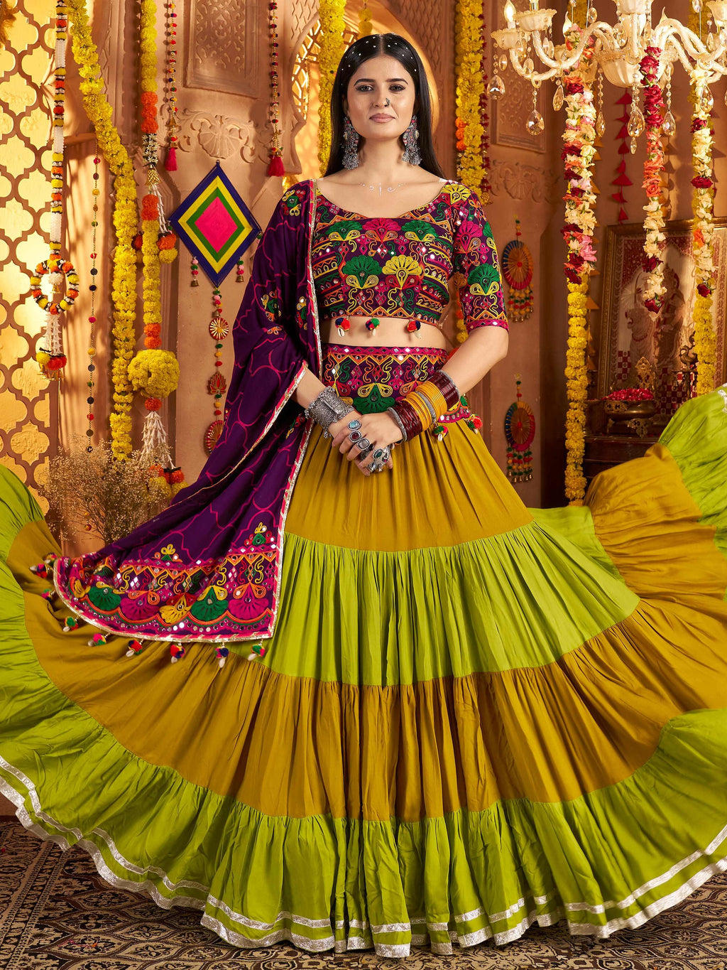Multicolor Viscose Cotton Mirror Embroidery Navratri Lehenga Choli with Belt