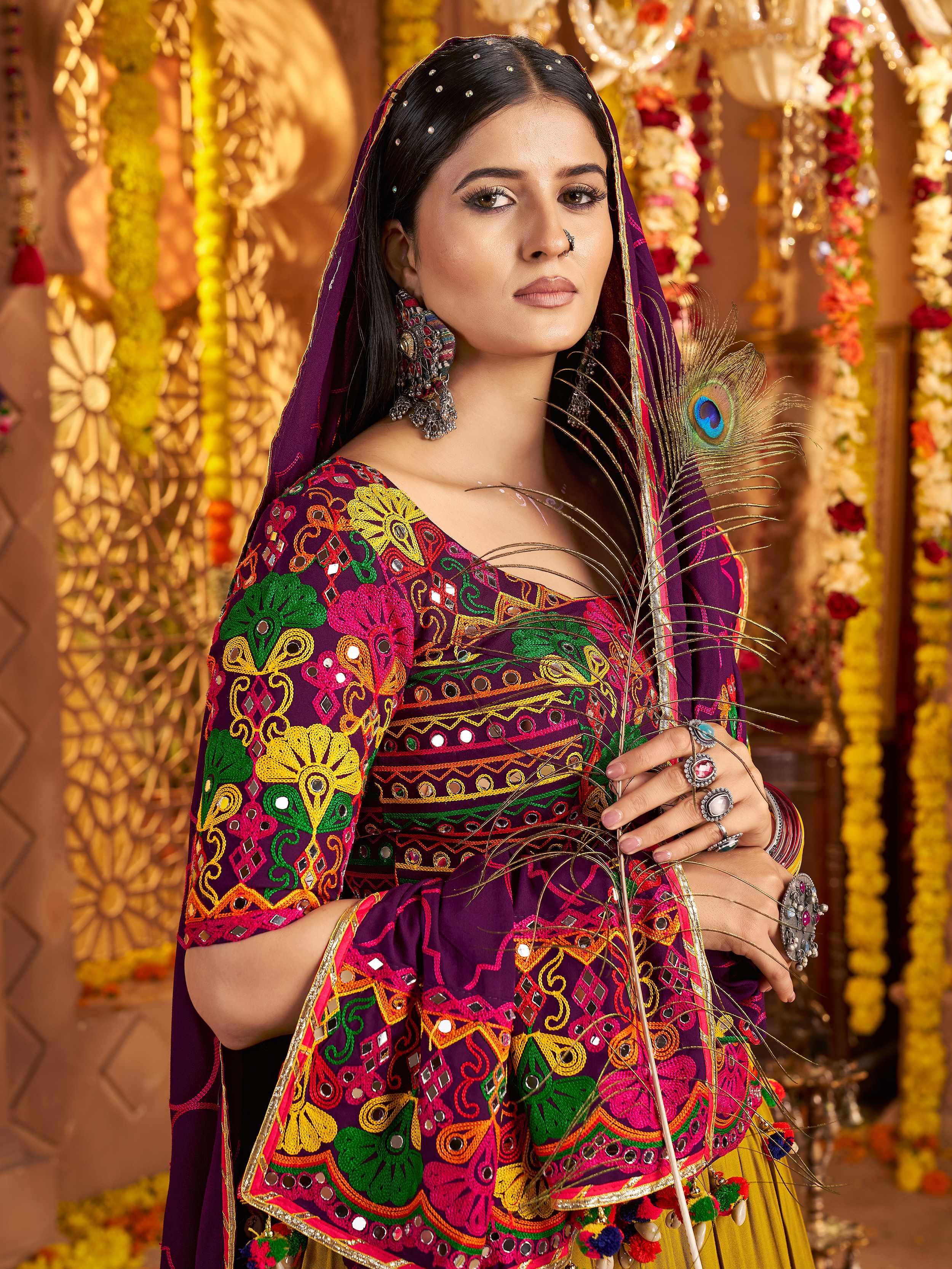 Multicolor viscose cotton mirror embroidery Navratri lehenga choli with belt