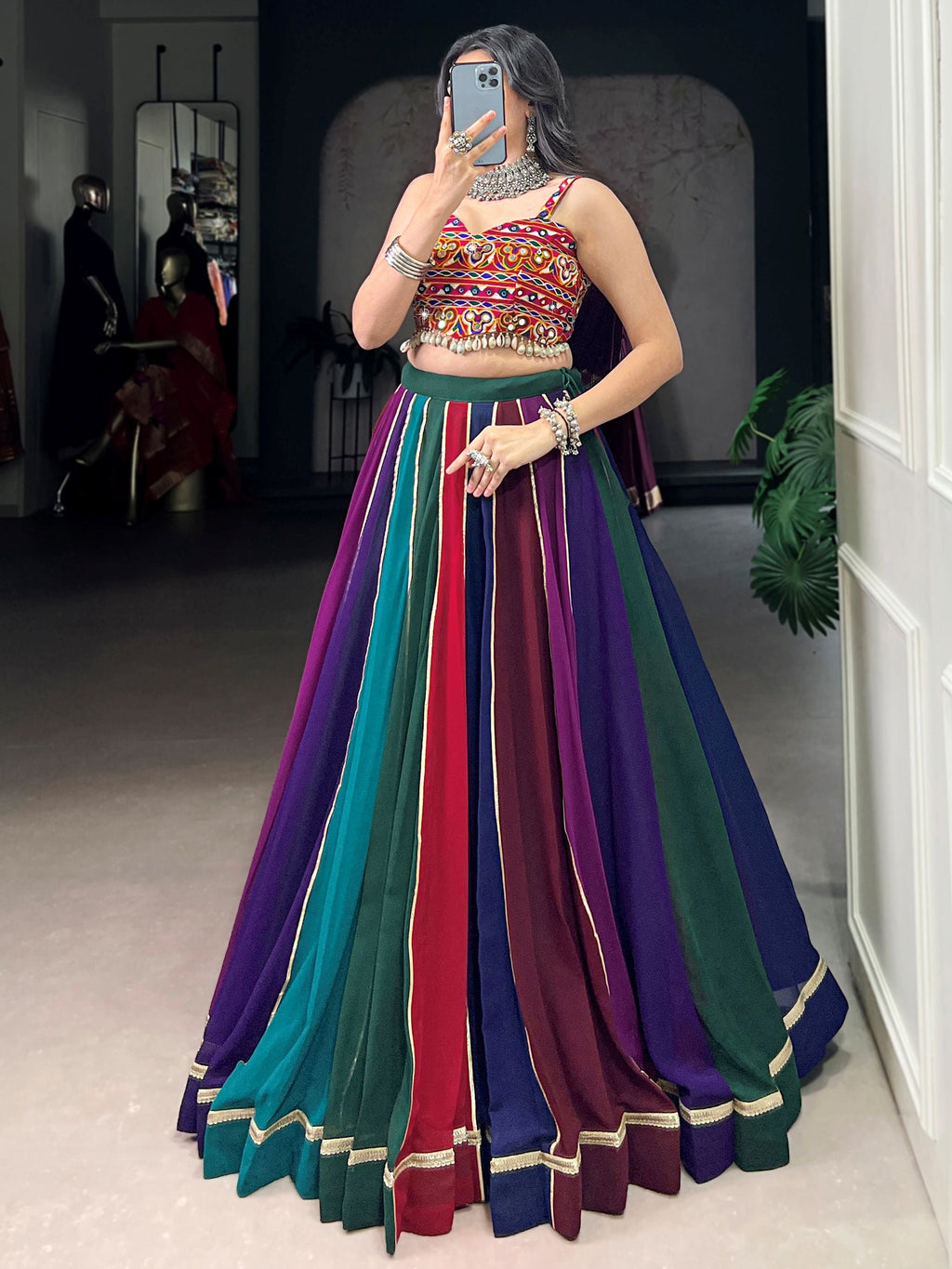 Multicolour Georgette Gamthi Work Festive Lehenga Choli