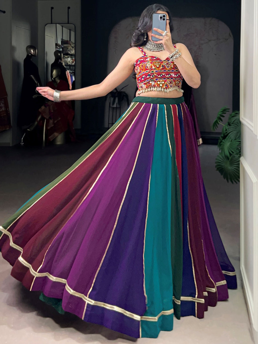 Multicolour Georgette Gamthi Work Festive Lehenga Choli