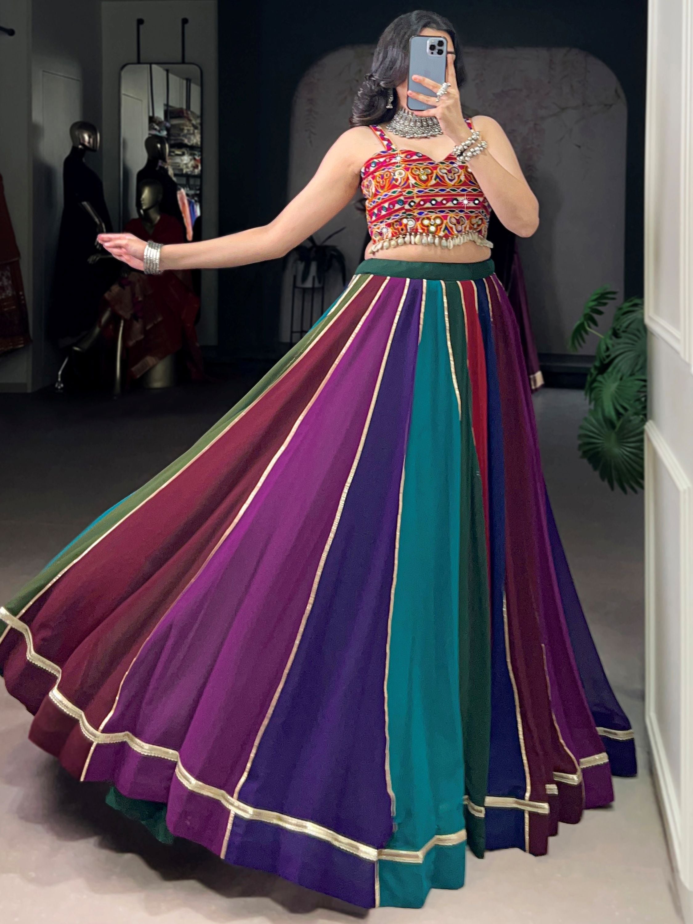 Multicolour Georgette Gamthi Work Festive Lehenga Choli