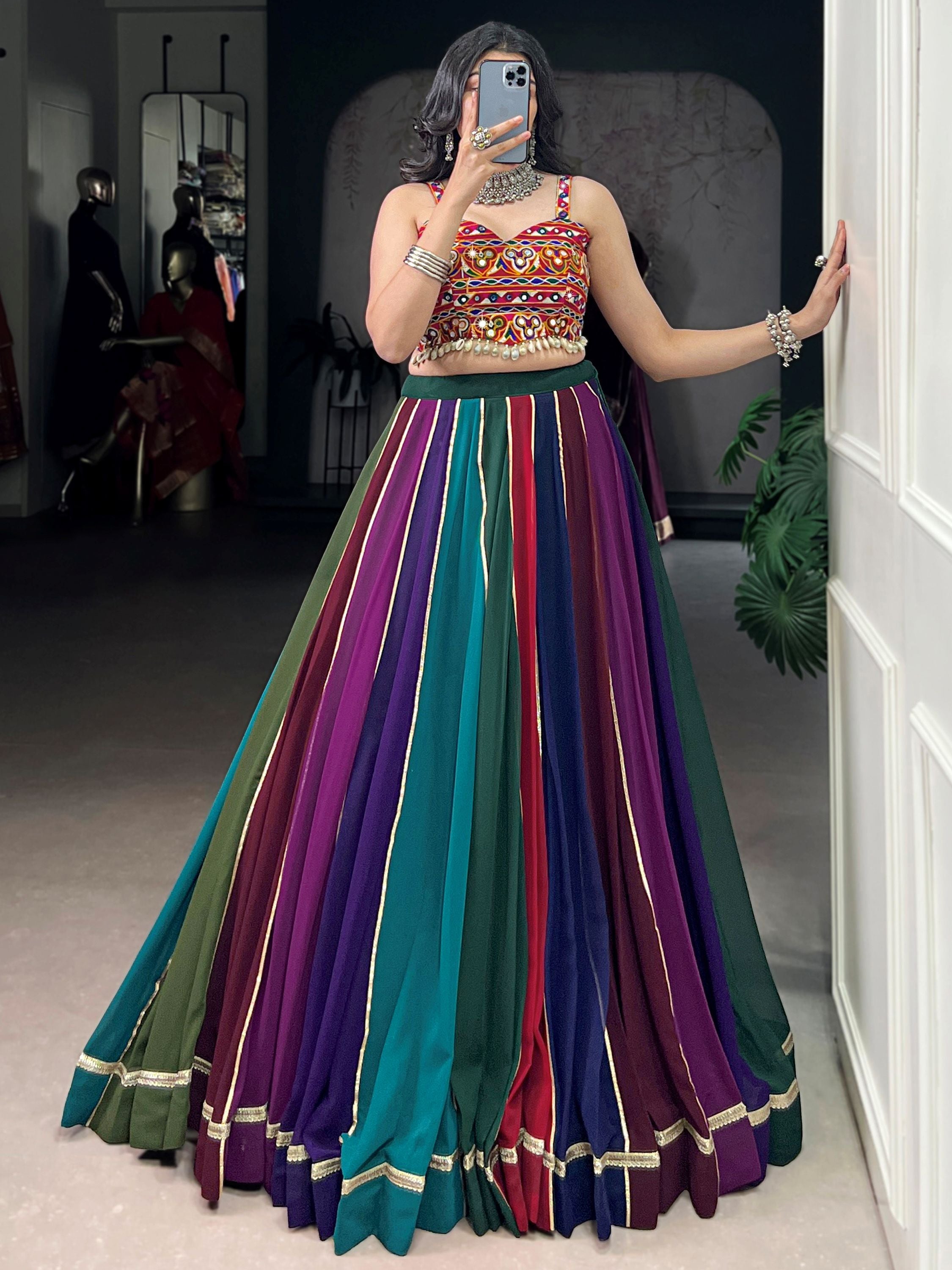Multicolour Georgette Gamthi Work Festive Lehenga Choli