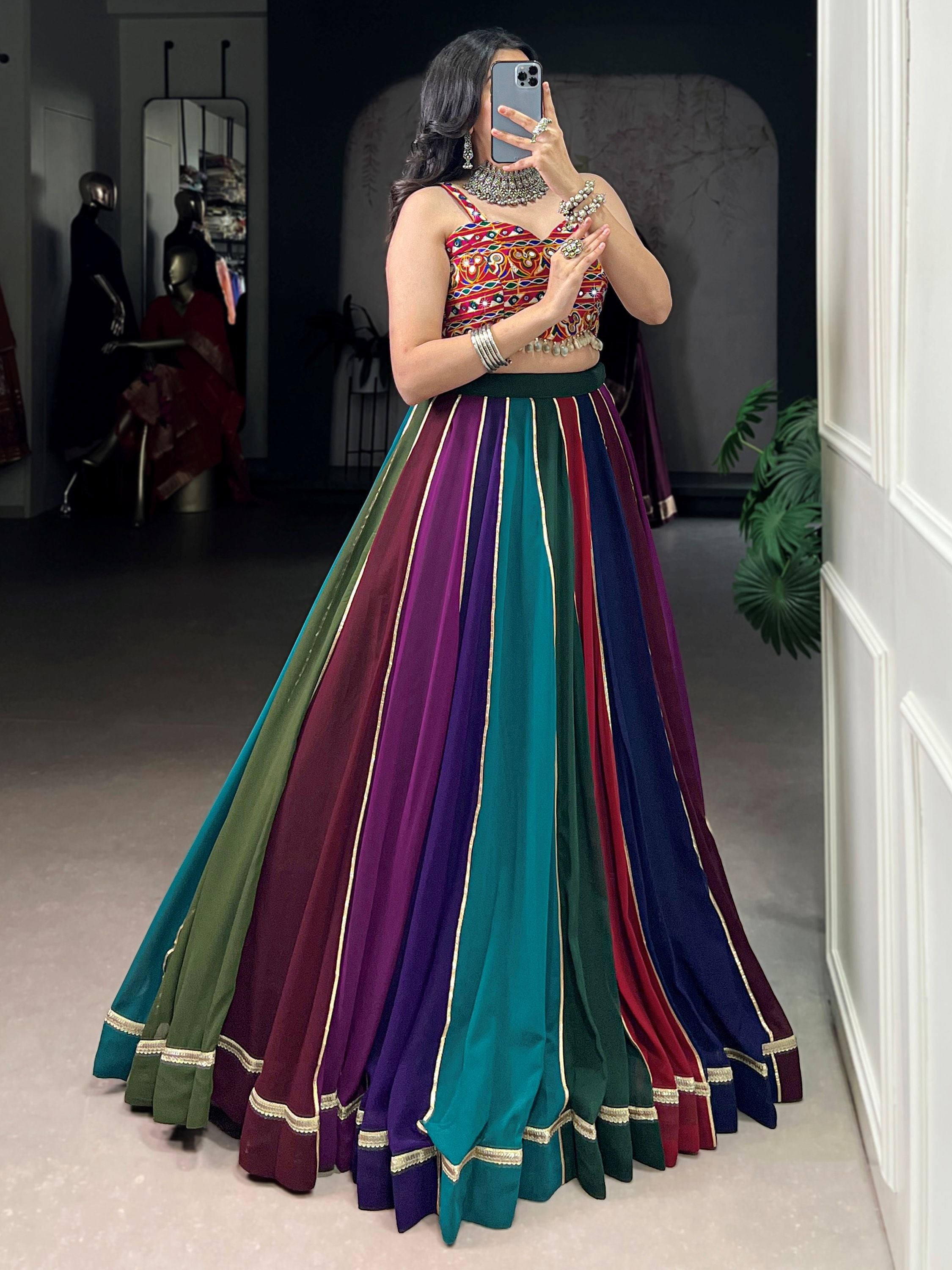 Multicolour Georgette Gamthi Work Festive Lehenga Choli