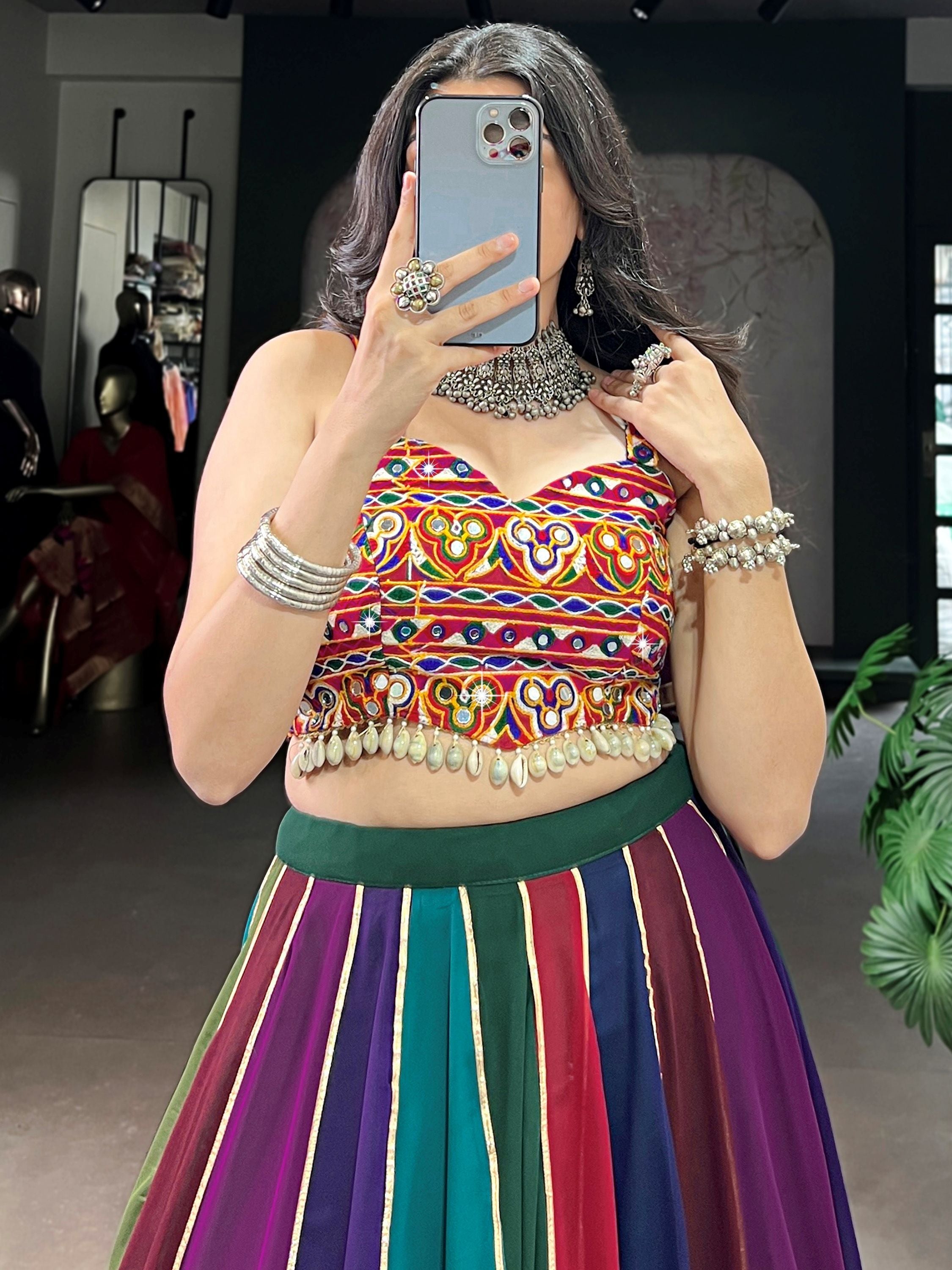 Multicolour Georgette Gamthi Work Festive Lehenga Choli