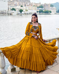 Mustard Yellow Pure Rayon Lehenga with Mirror Gamthi Work Blouse and Koti