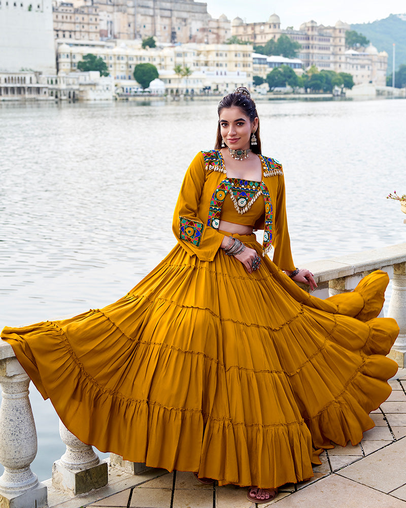 Mustard Yellow Pure Rayon Lehenga with Mirror Gamthi Work Blouse and Koti