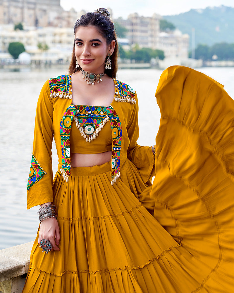 Mustard Yellow Pure Rayon Lehenga with Mirror Gamthi Work Blouse and Koti