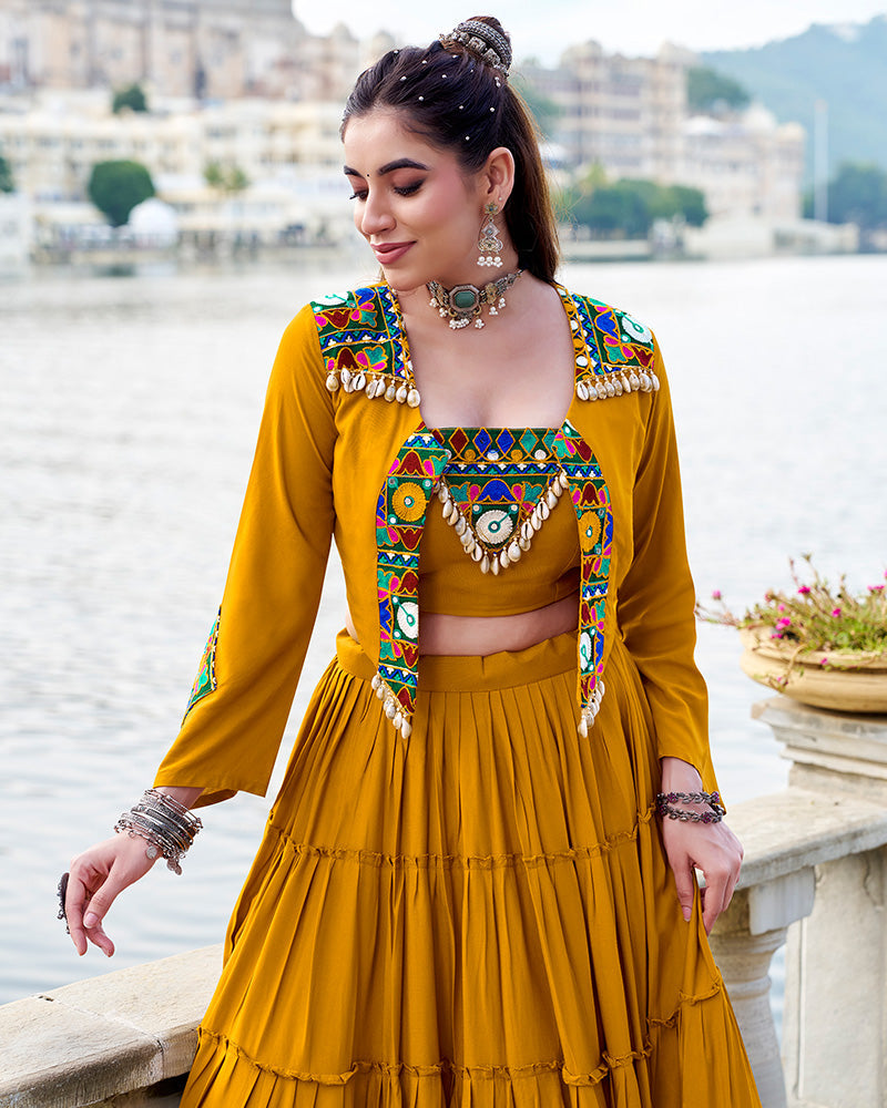 Mustard Yellow Pure Rayon Lehenga with Mirror Gamthi Work Blouse and Koti