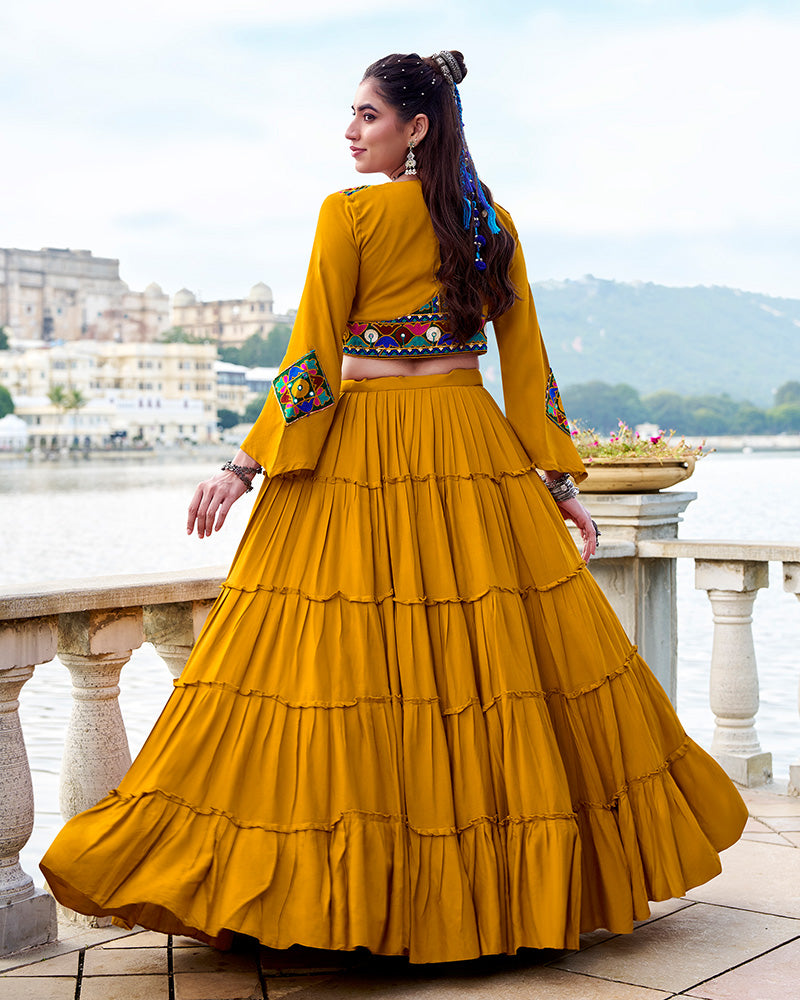 Mustard Yellow Pure Rayon Lehenga with Mirror Gamthi Work Blouse and Koti
