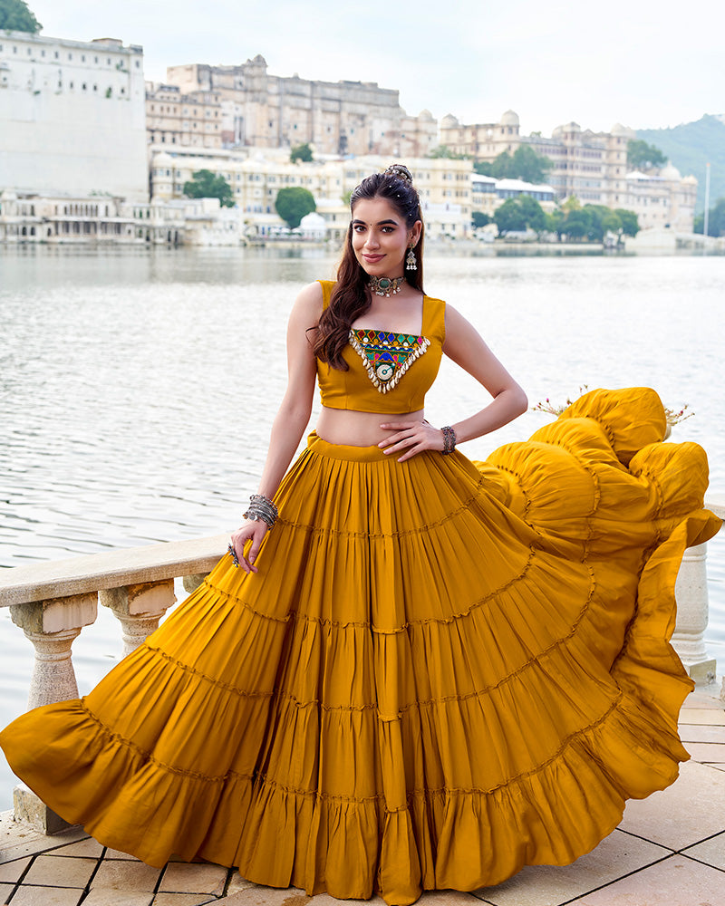 Mustard Yellow Pure Rayon Lehenga with Mirror Gamthi Work Blouse and Koti