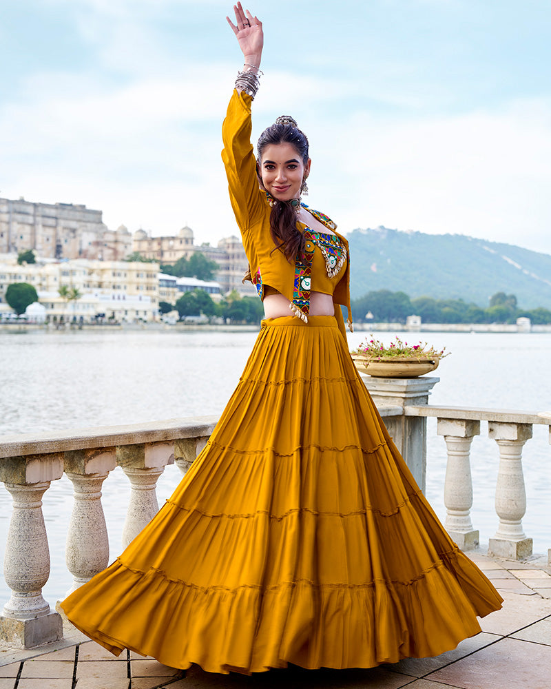 Mustard Yellow Pure Rayon Lehenga with Mirror Gamthi Work Blouse and Koti