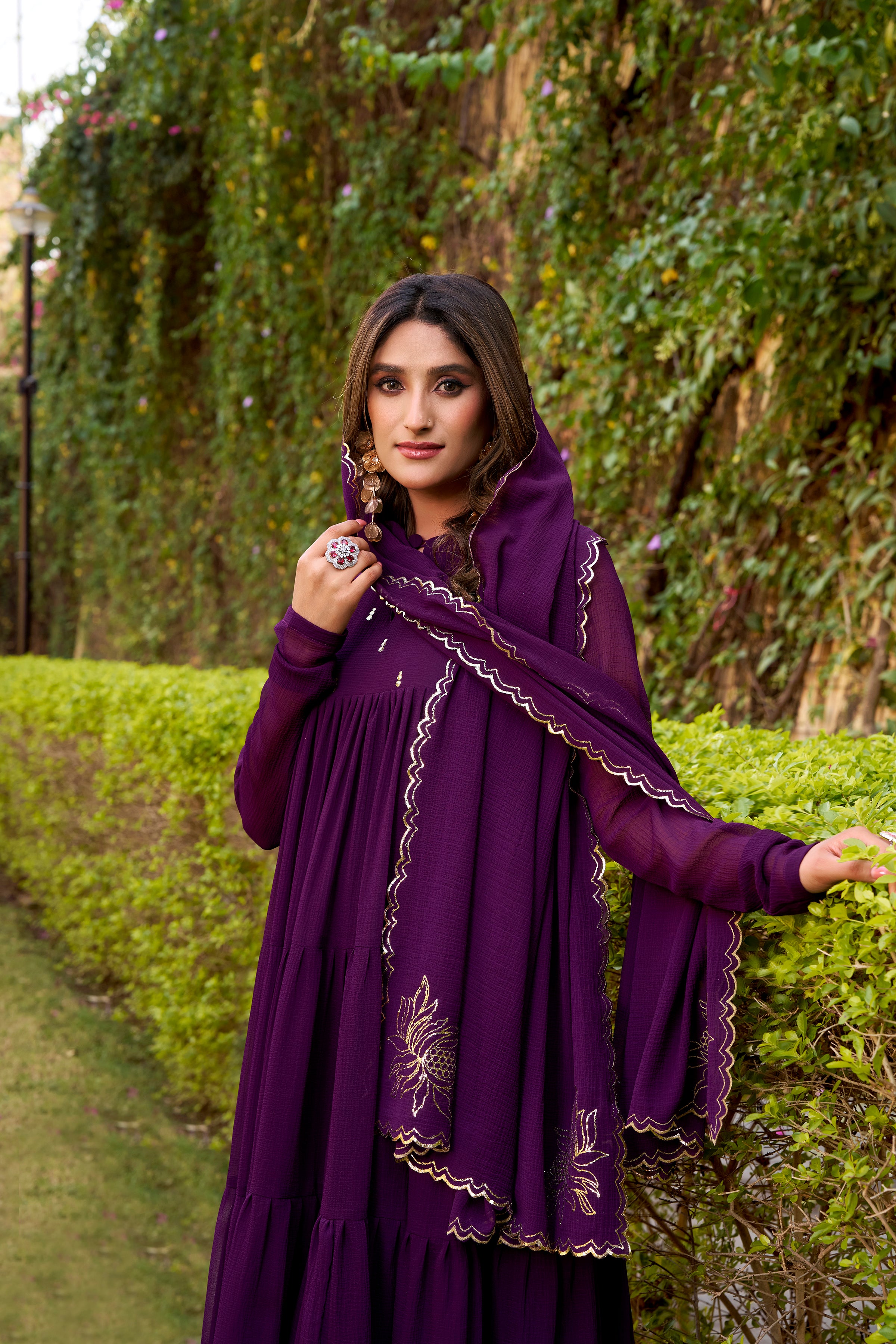 Nalini Purple Marbel Foil Work Anarkali Suit Set with Dupatta