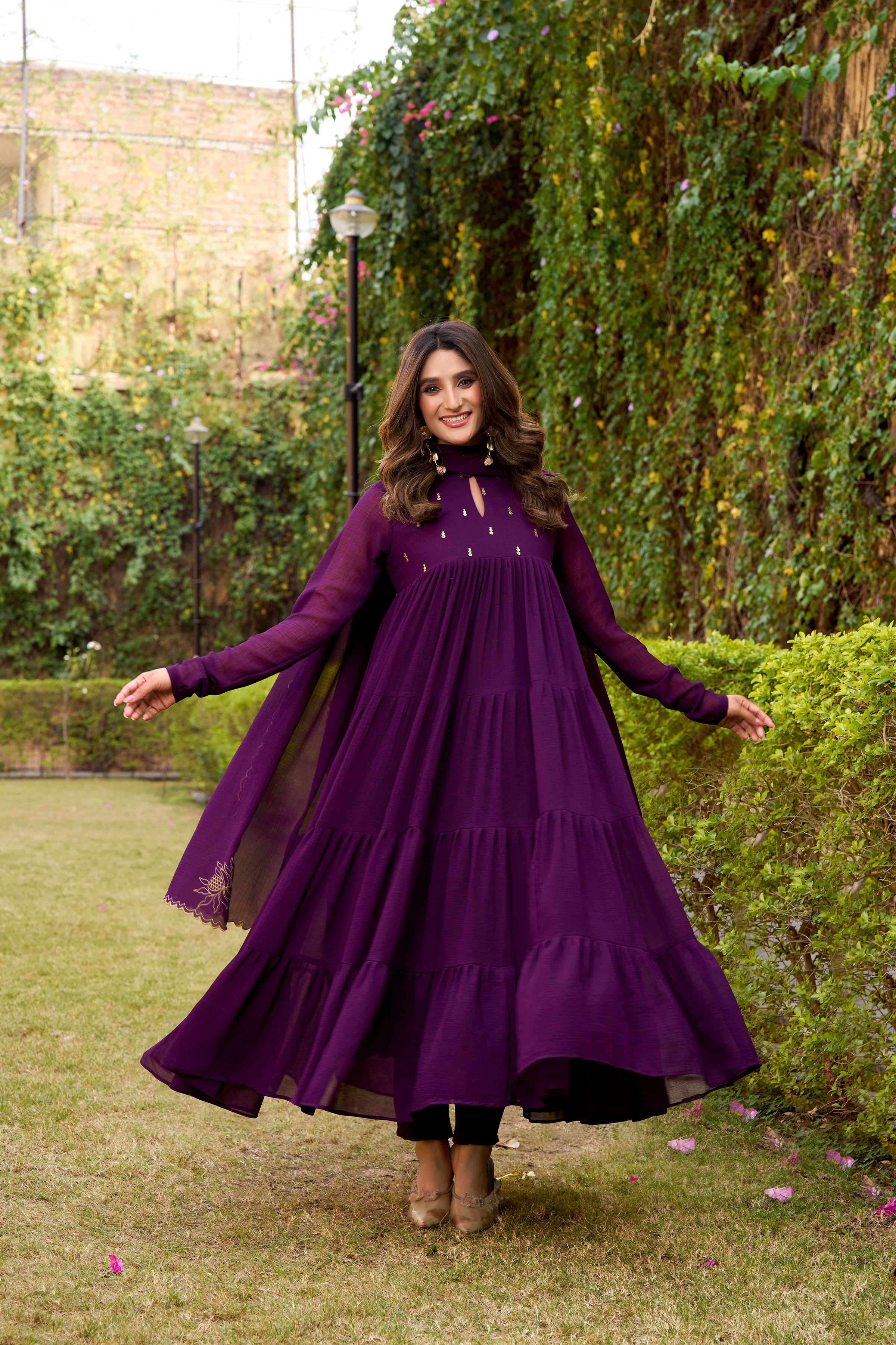Nalini Purple Marbel Foil Work Anarkali Suit Set with Dupatta