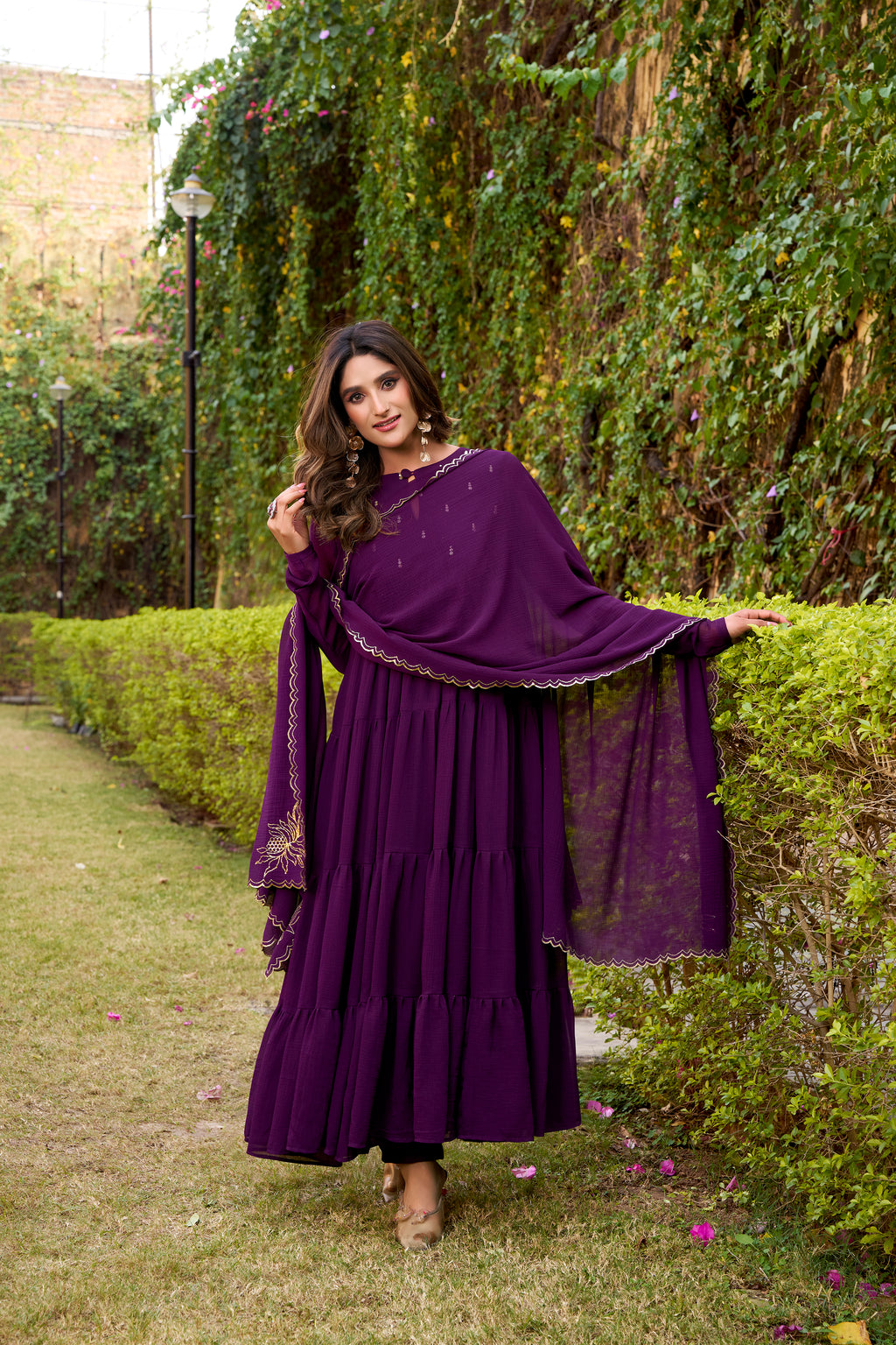 Nalini purple marble foil work anarkali suit set with dupatta