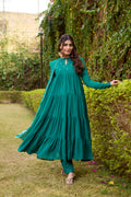 Nalini teal green marble foil work anarkali suit set with dupatta