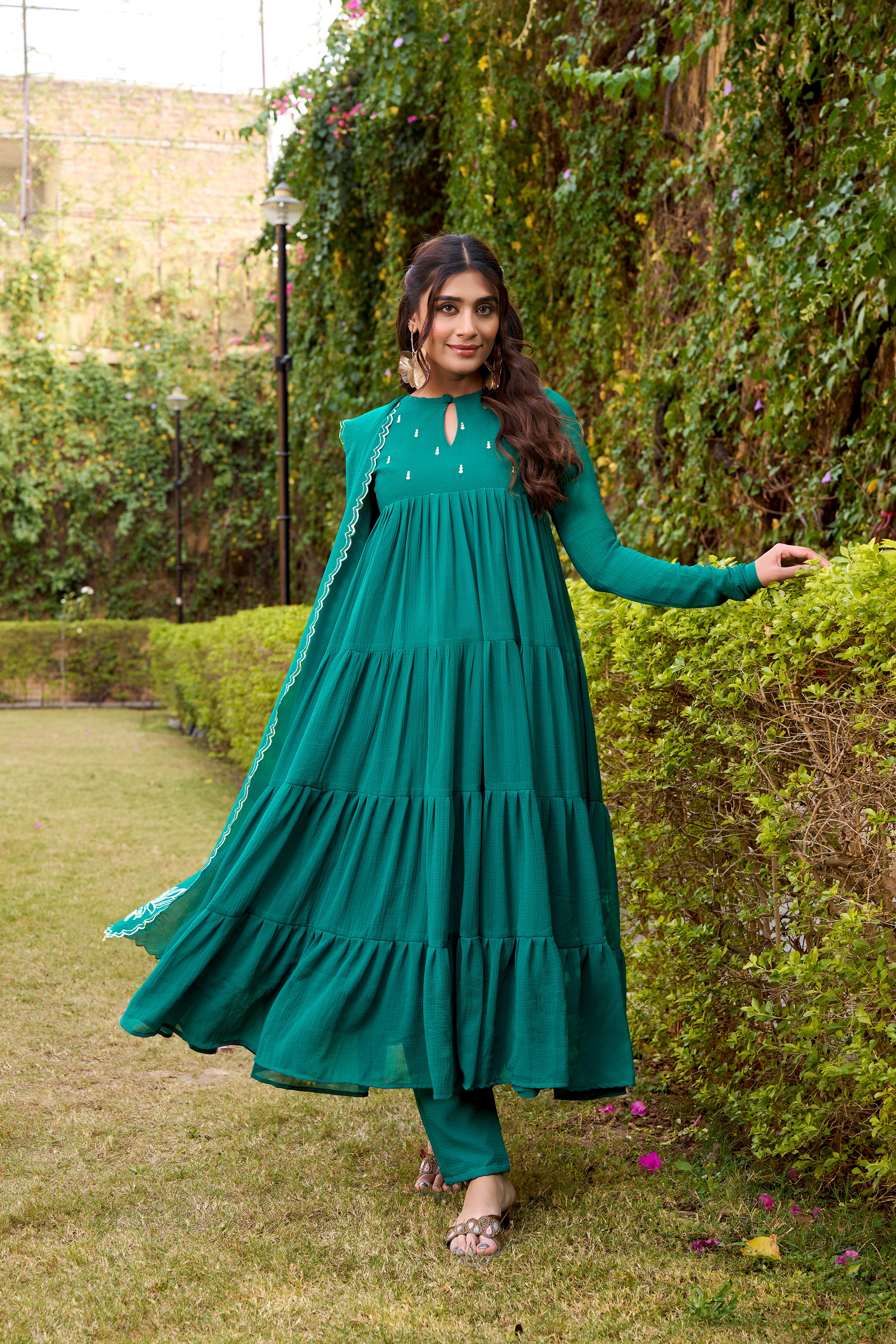 Nalini teal green marble foil work anarkali suit set with dupatta
