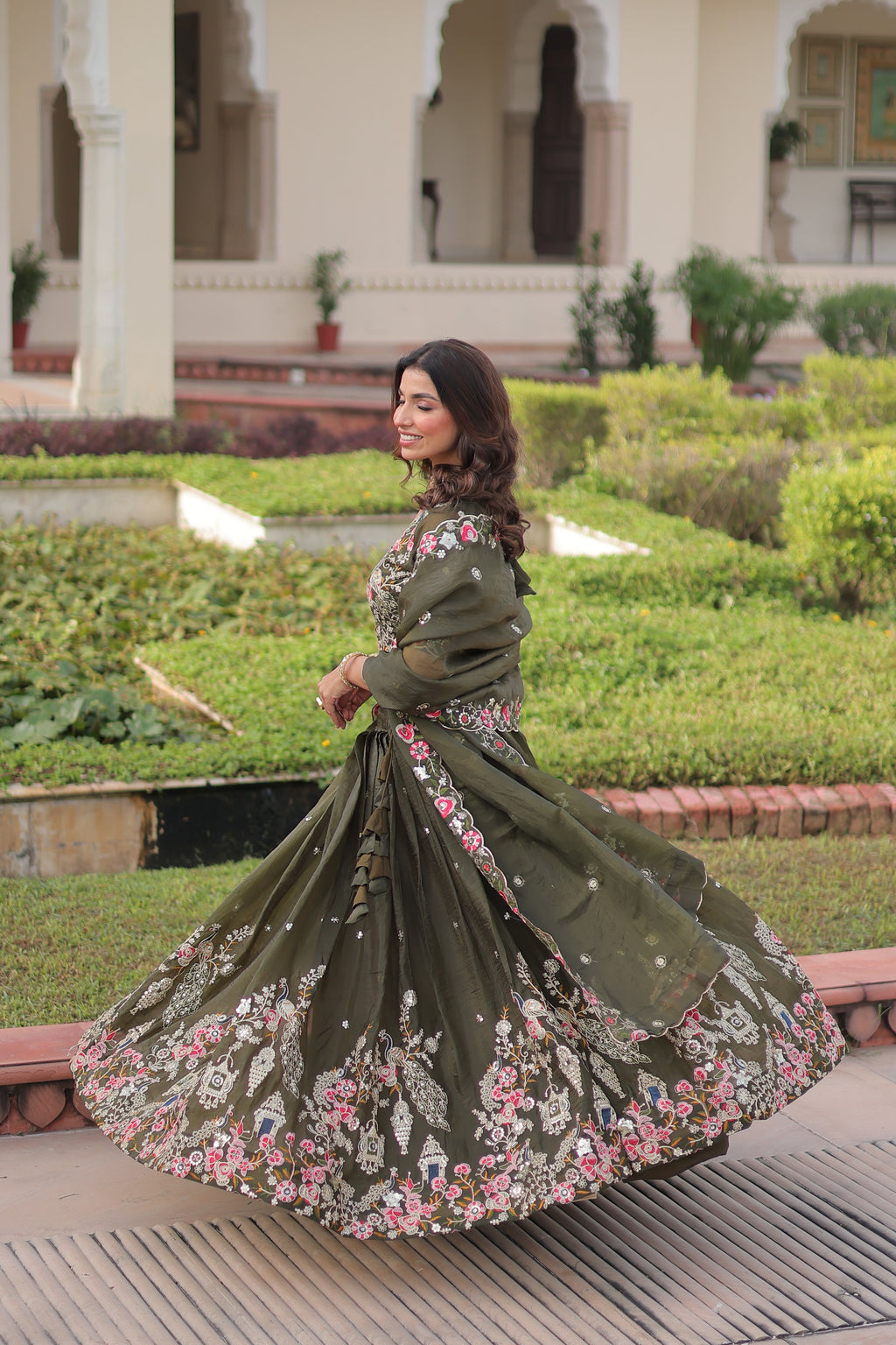 Navisha Mehendi Green Gold Crush Sequins Zari Embroidered Work Lehenga Choli