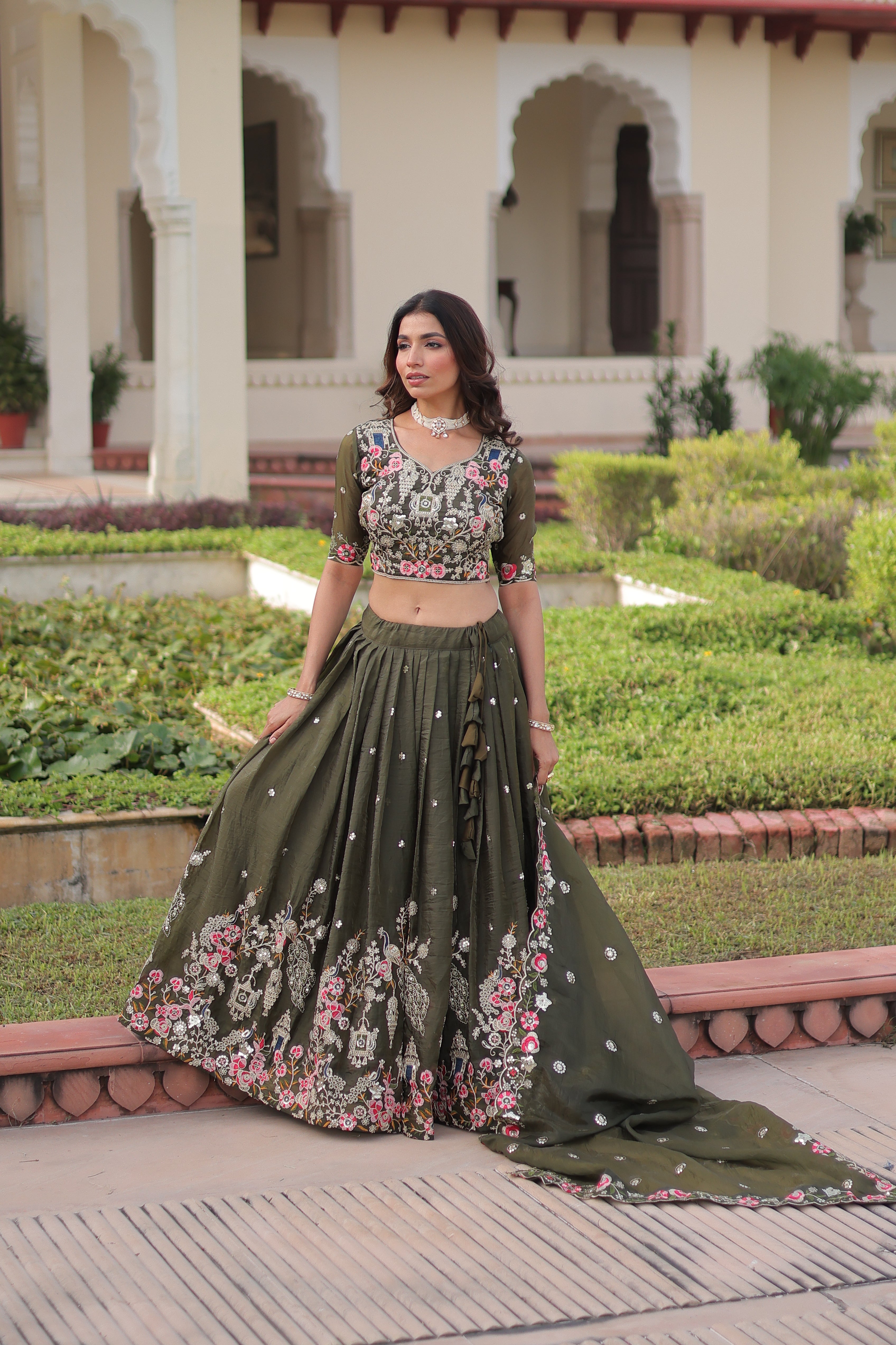 Navisha Mehendi Green Gold Crush Sequins Zari Embroidered Work Lehenga Choli