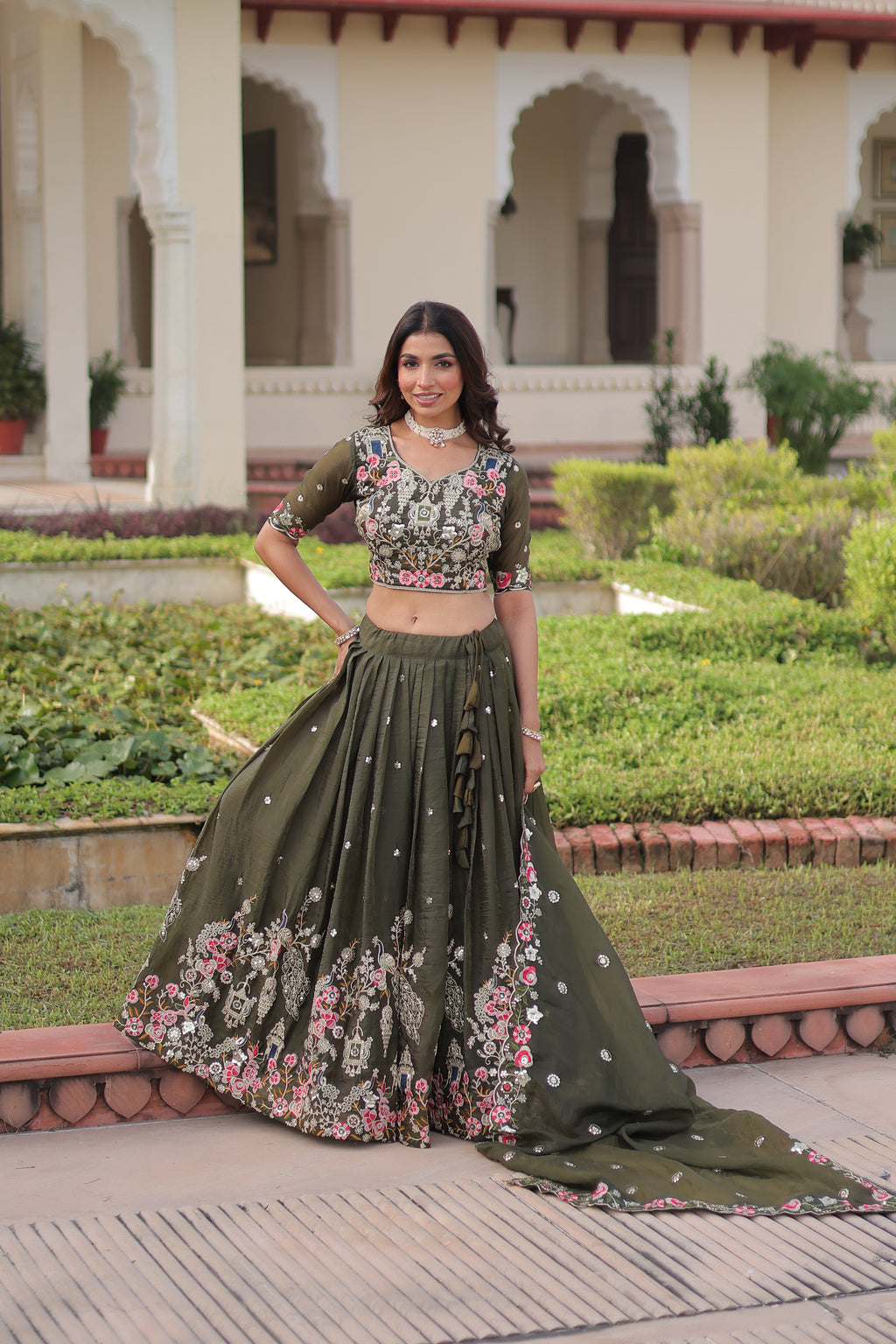 Navisha Mehendi Green Gold Crush Sequins Zari Embroidered Work Lehenga Choli