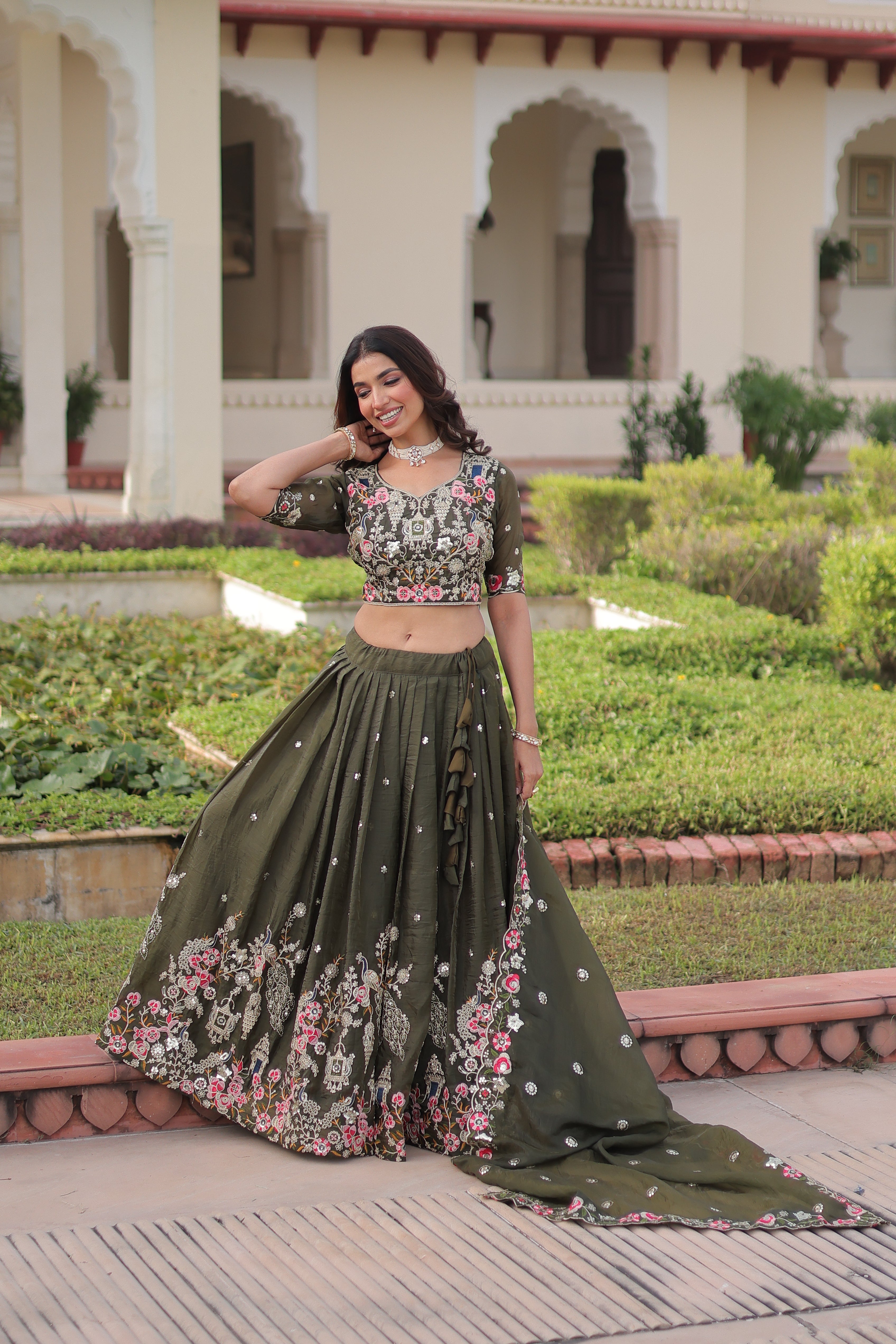 Navisha Mehendi Green Gold Crush Sequins Zari Embroidered Work Lehenga Choli