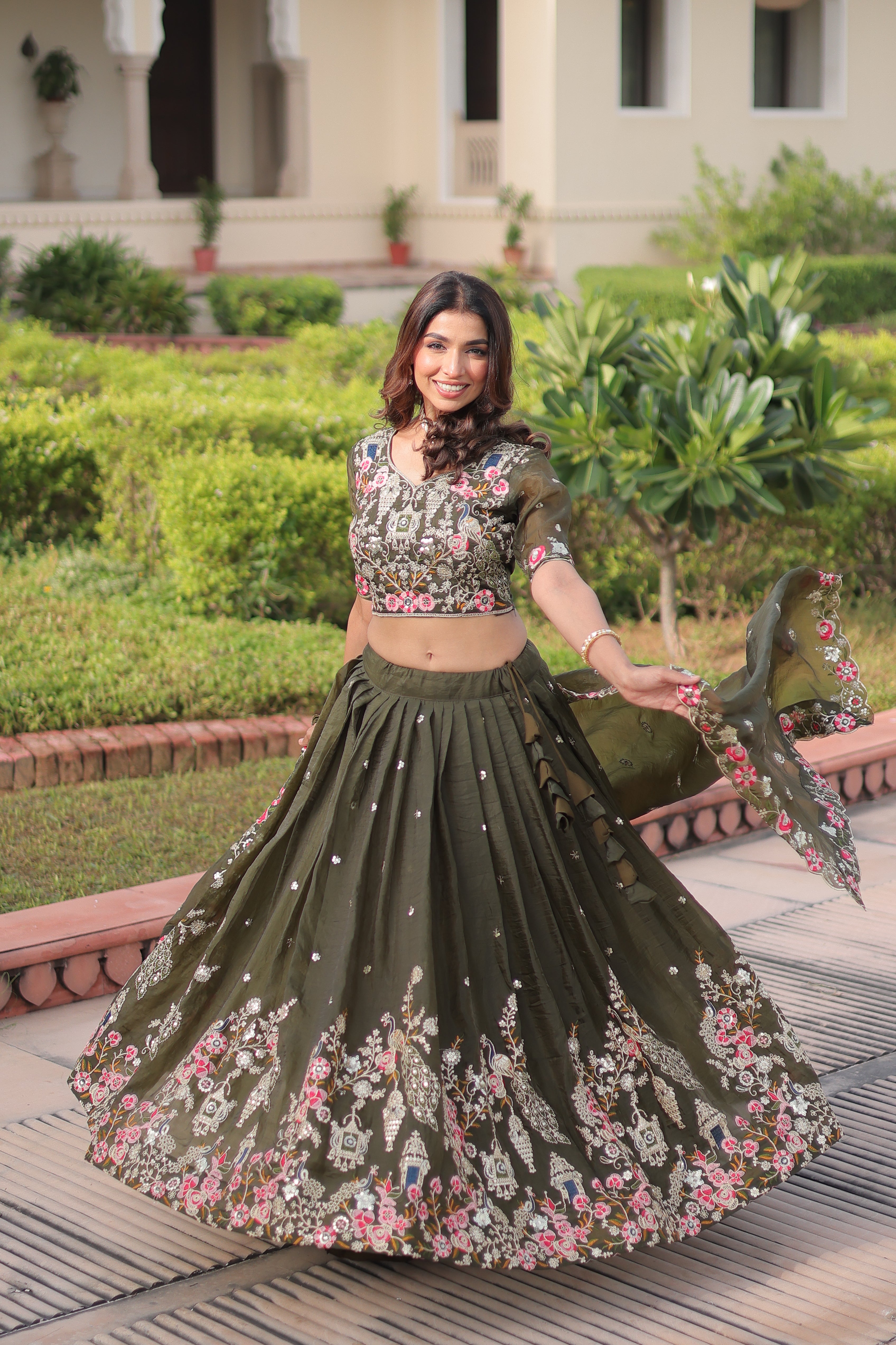 Navisha Mehendi Green Gold Crush Sequins Zari Embroidered Work Lehenga Choli