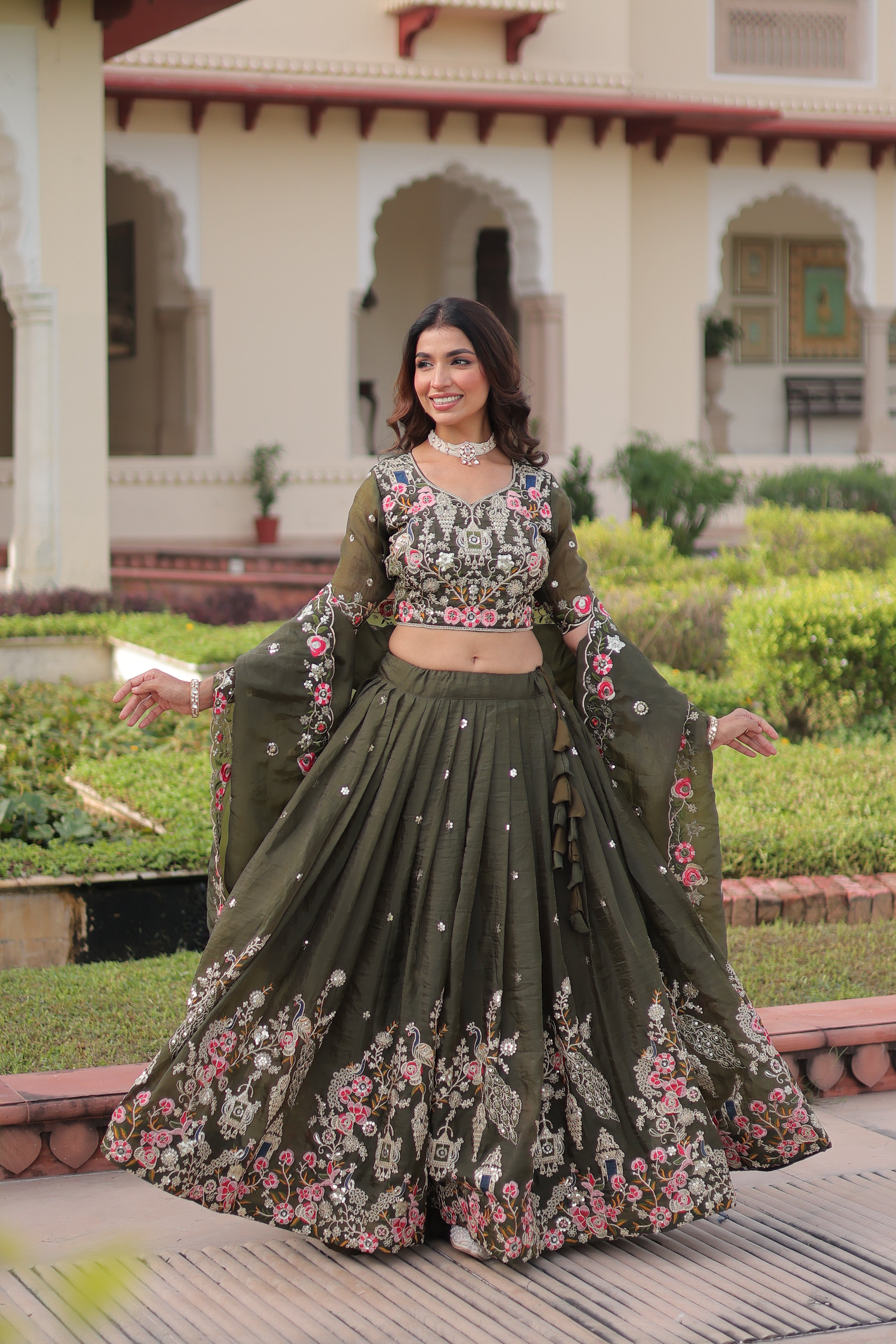 Navisha Mehendi Green Gold Crush Sequins Zari Embroidered Work Lehenga Choli