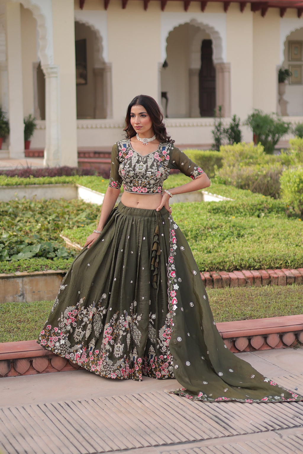 Navisha Mehendi Green Gold Crush Sequins Zari Embroidered Work Lehenga Choli