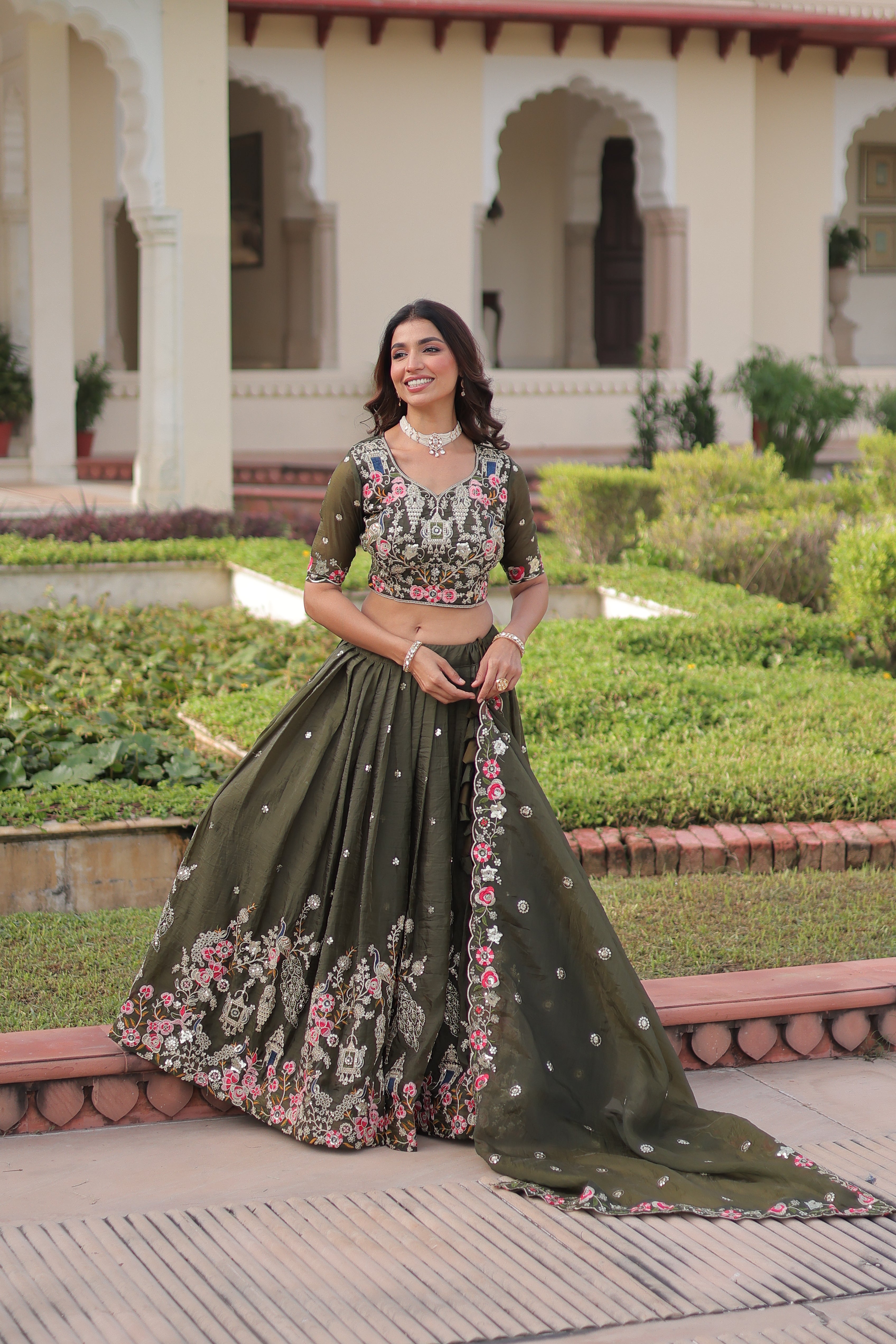 Navisha Mehendi Green Gold Crush Sequins Zari Embroidered Work Lehenga Choli